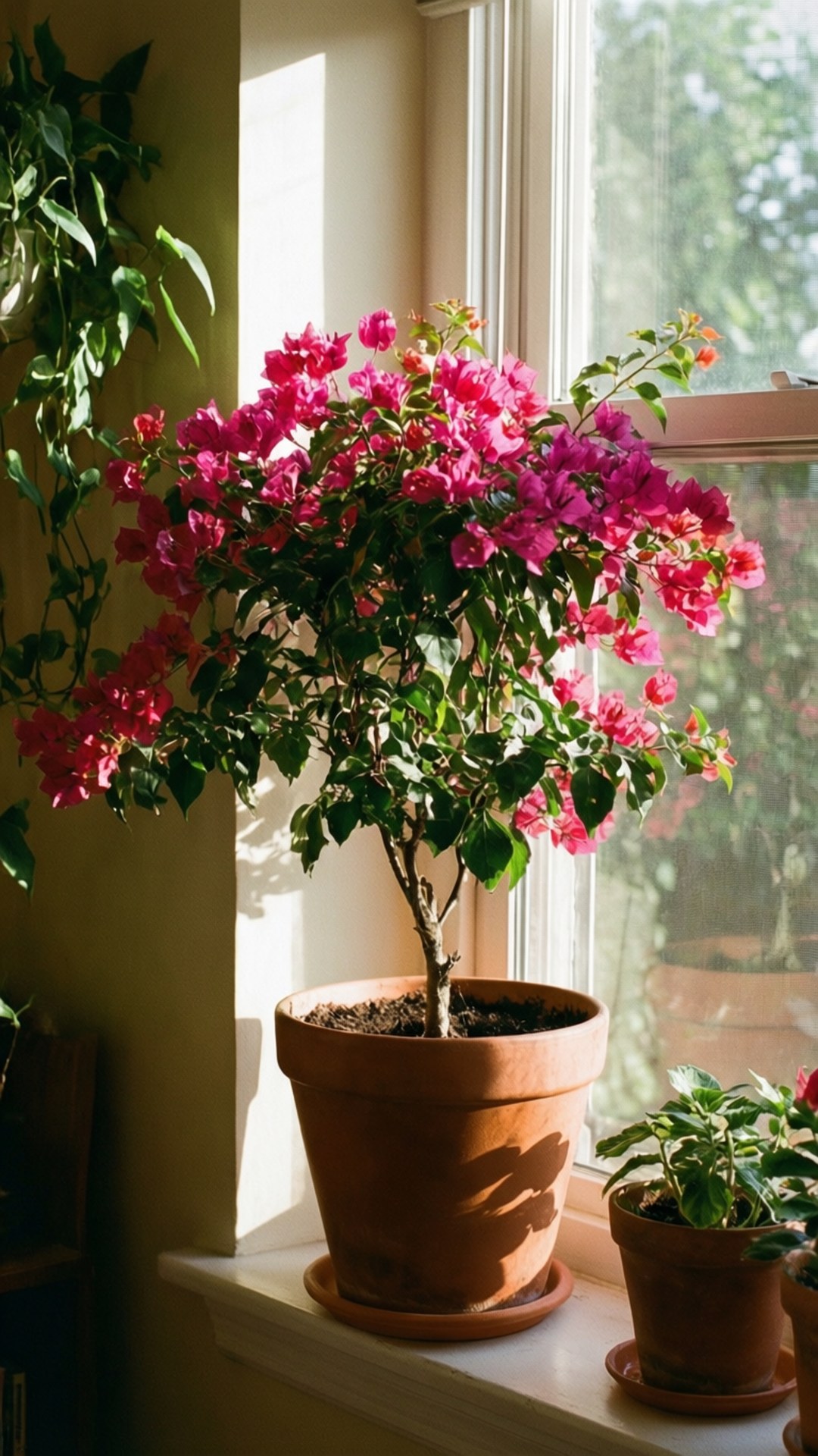 windowsill, terracotta pot, vibrant pink bougainvillea blooms, Full HD Phone Wallpaper