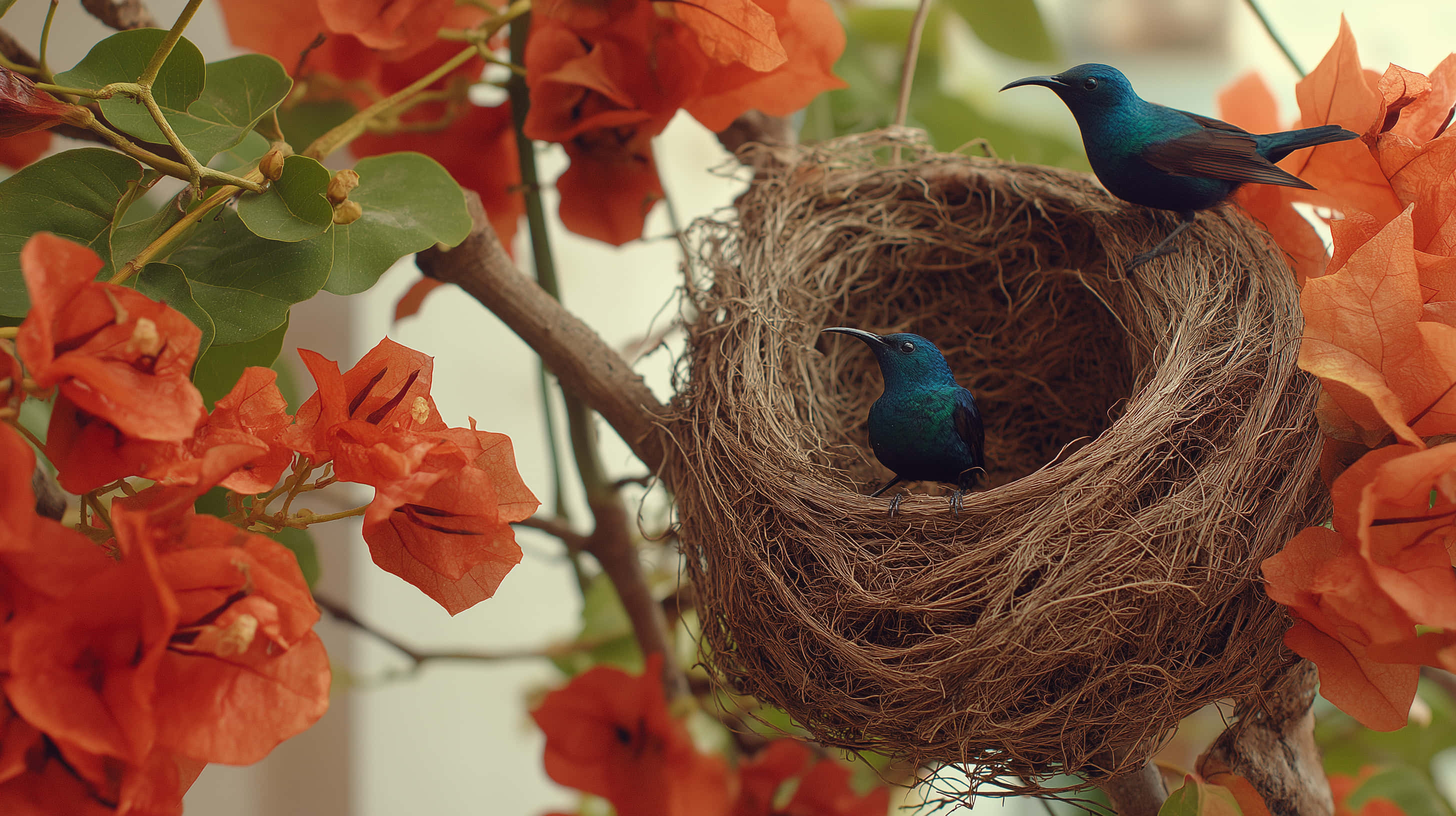 vibrant orange bougainvillea, iridescent blue birds, woven nest, 2K Desktop Wallpaper
