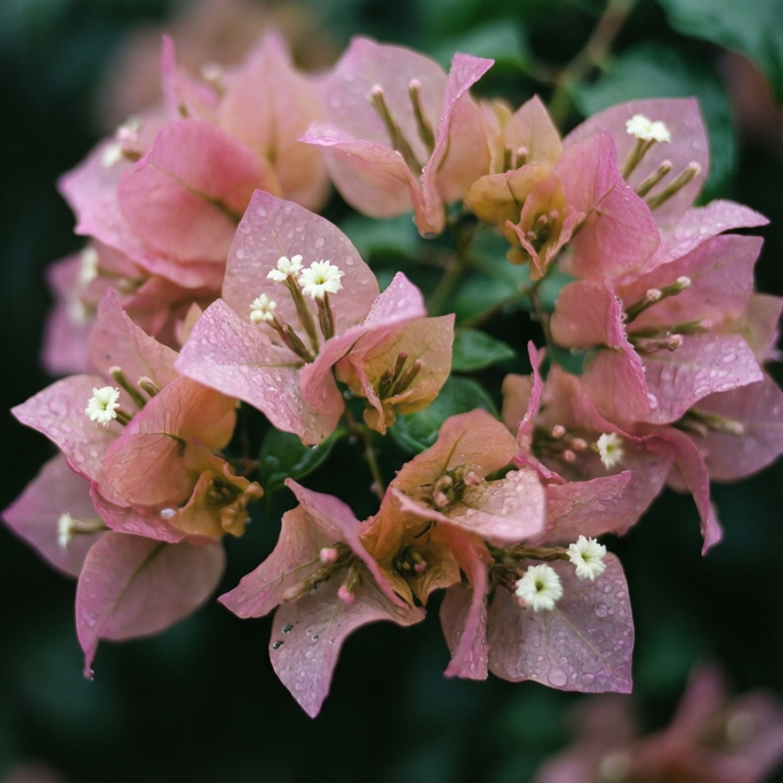 rain kissed petals, pink bougainvillea flowers, dew drops, HD Desktop Wallpaper