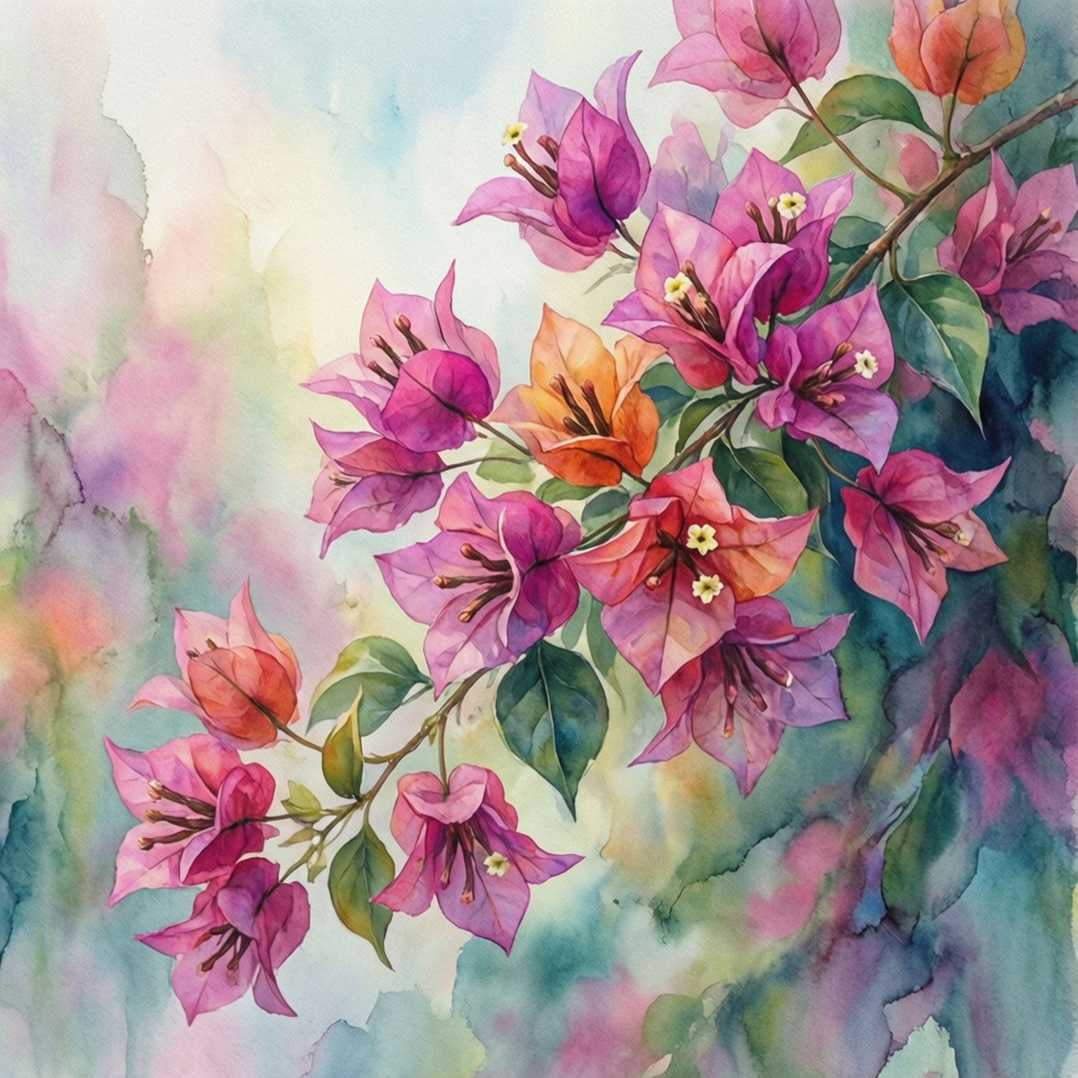 watercolor bouquet, pink and orange bougainvillea flowers, green leaves, HD Desktop Wallpaper