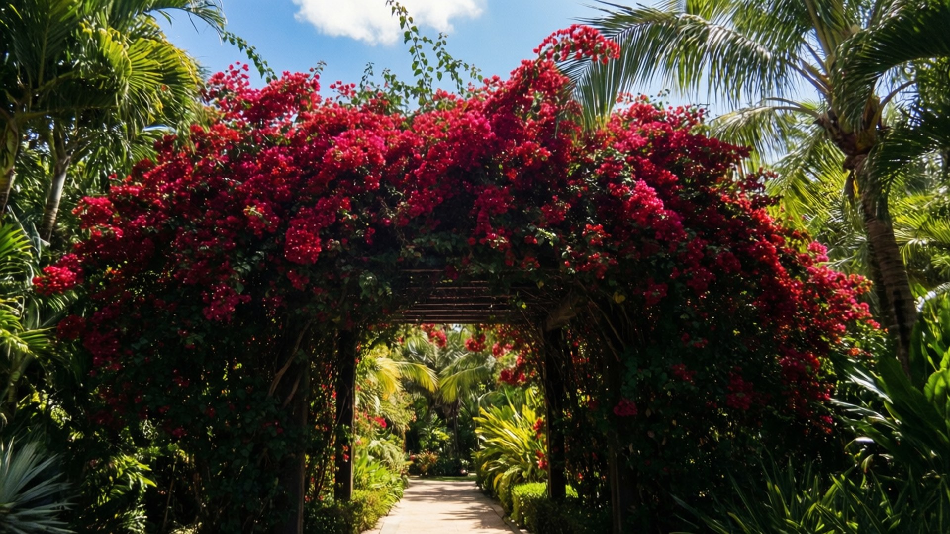 tropical archway dream, bougainvillea, wooden arbor, Full HD Desktop Wallpaper
