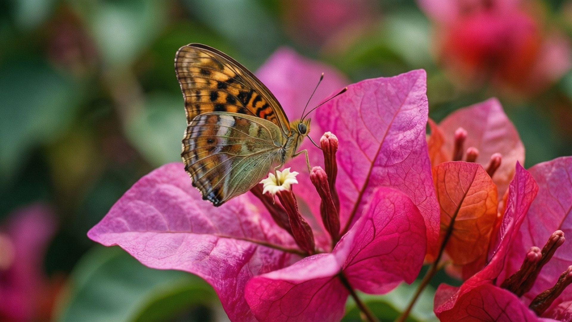 butterfly, bougainvillea, pink, Full HD Desktop Wallpaper