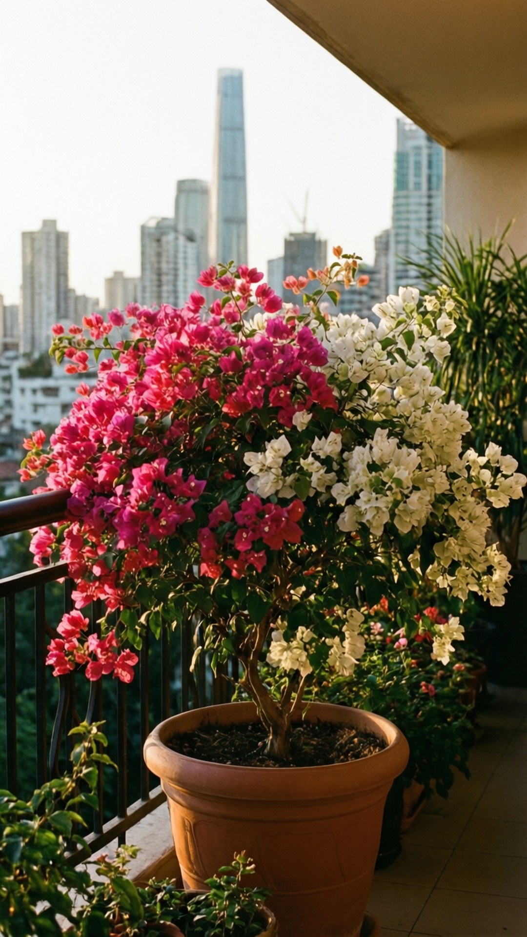 bougainvillea, terracotta pot, balcony, Full HD Phone Wallpaper