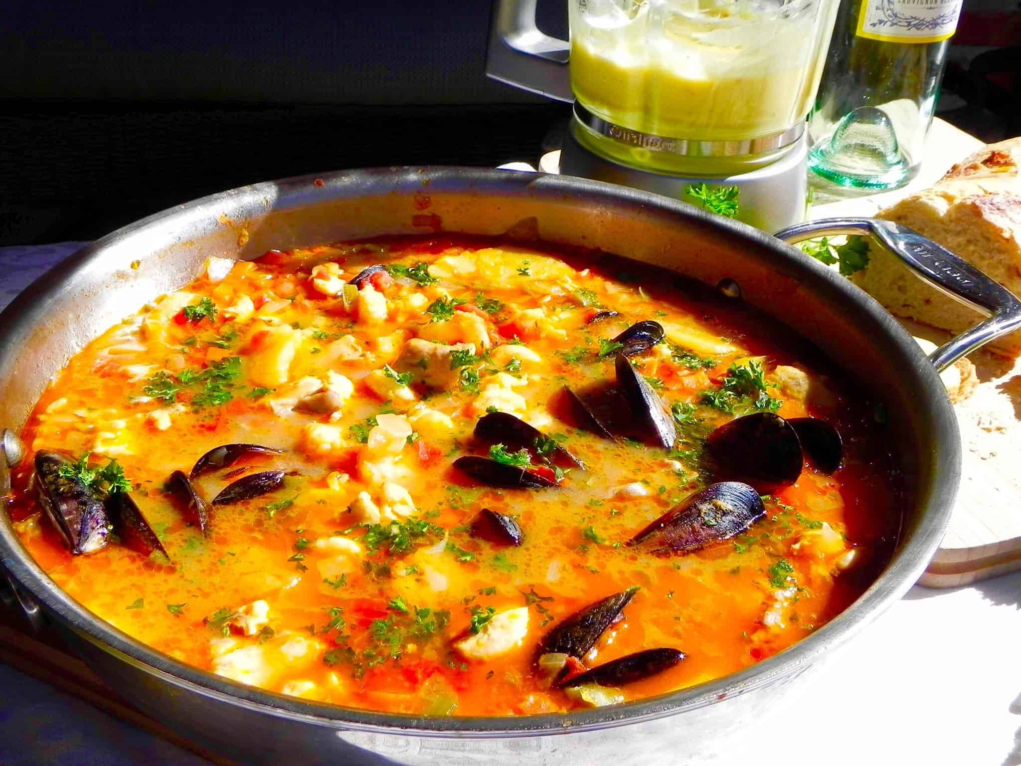 Bouillabaisse, stainless bowl, vibrant orange seafood stew, Full HD Desktop Wallpaper