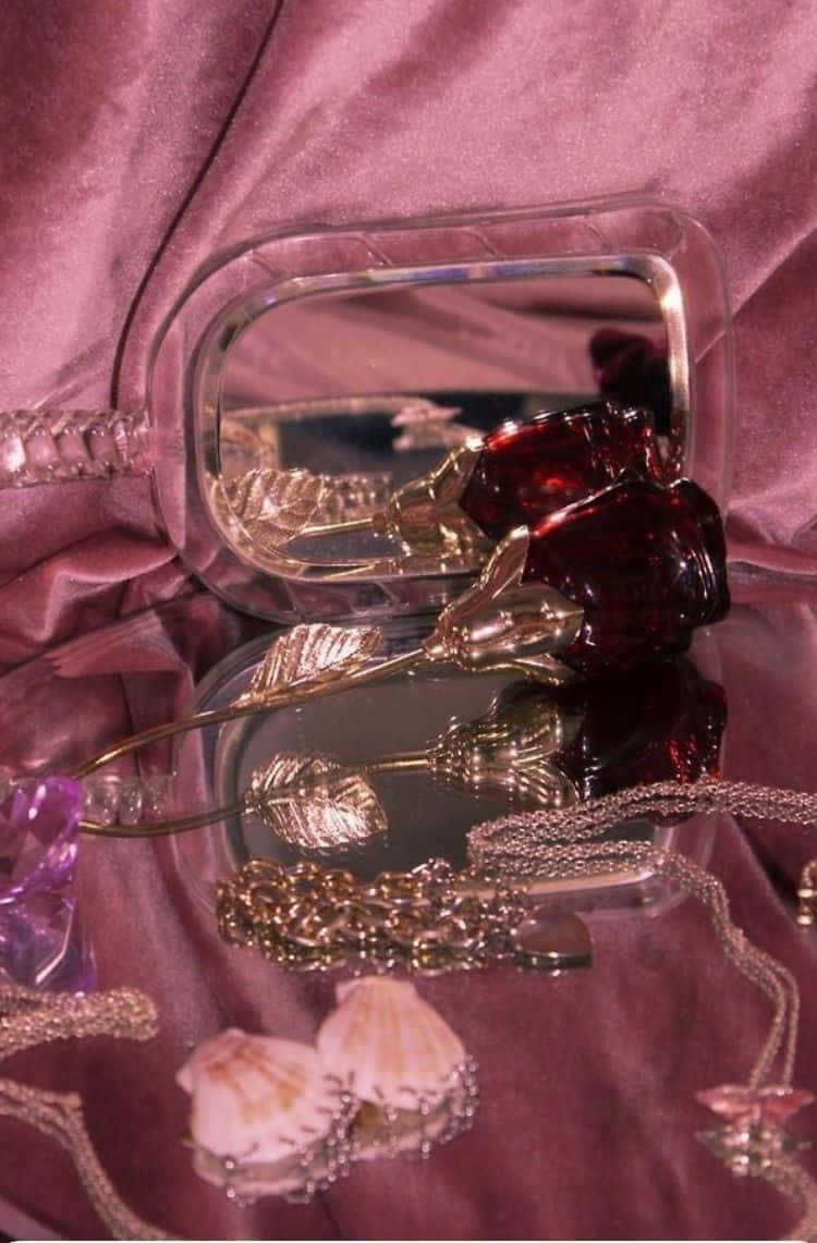 clear compact mirror, red rose, gold jewelry, SD Phone Wallpaper