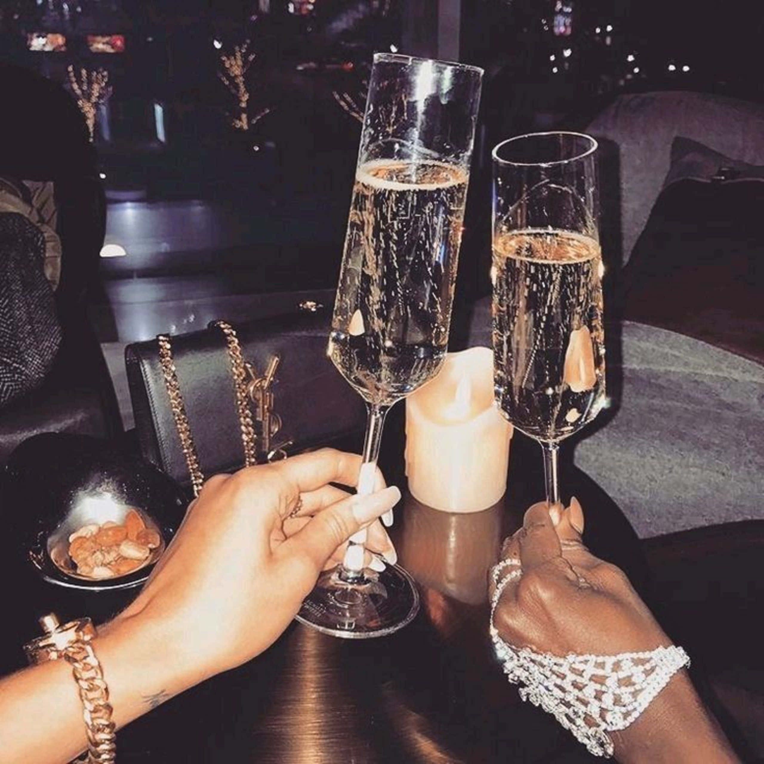 champagne flutes, candlelit table, dimly lit upscale lounge, 2K Desktop Wallpaper