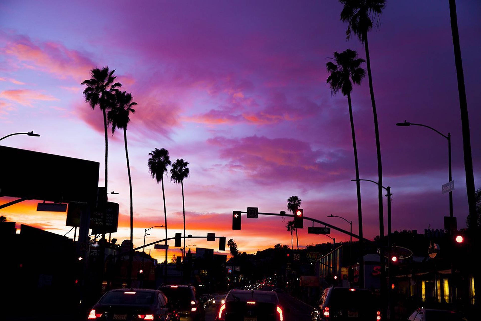 Sunset Boulevard, purple sky, vibrant purple orange sunset, Full HD Desktop Wallpaper
