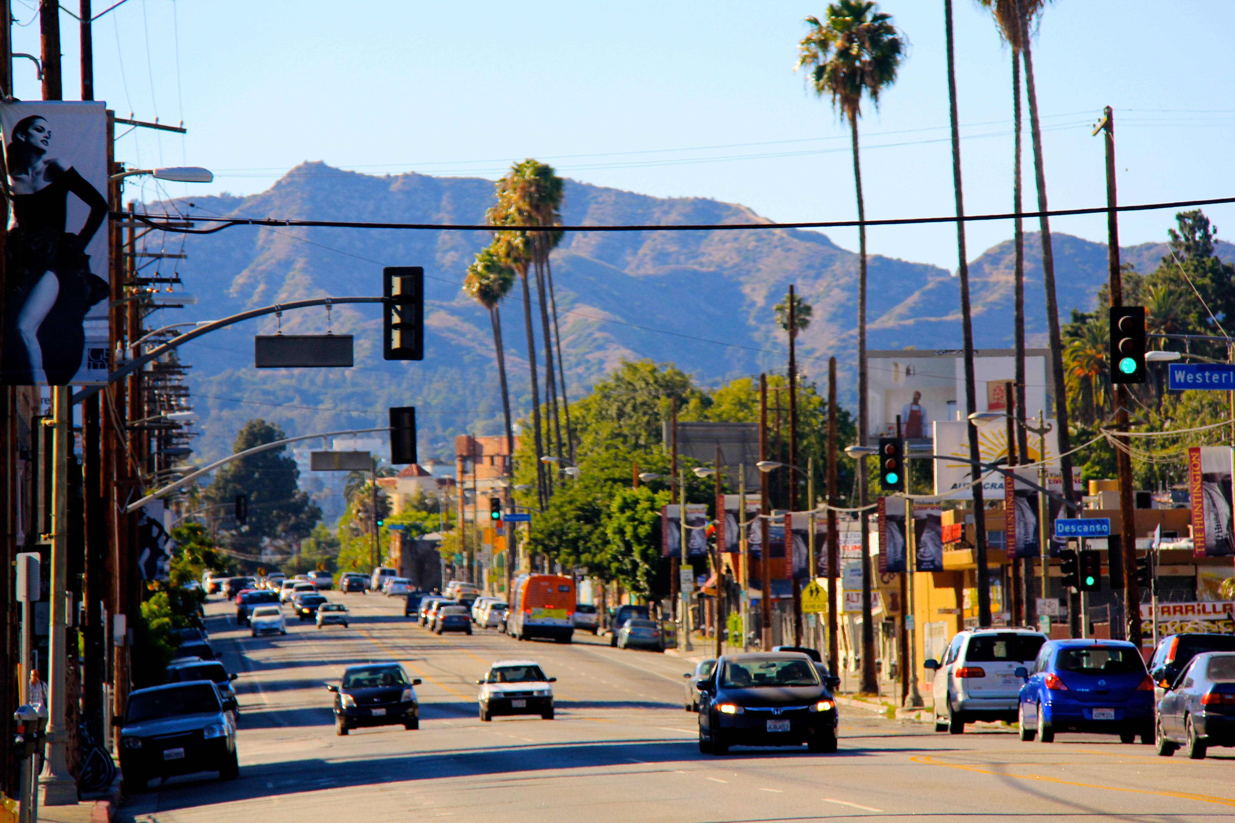 Sunset Boulevard, palm trees, mountains, 5K Desktop Wallpaper