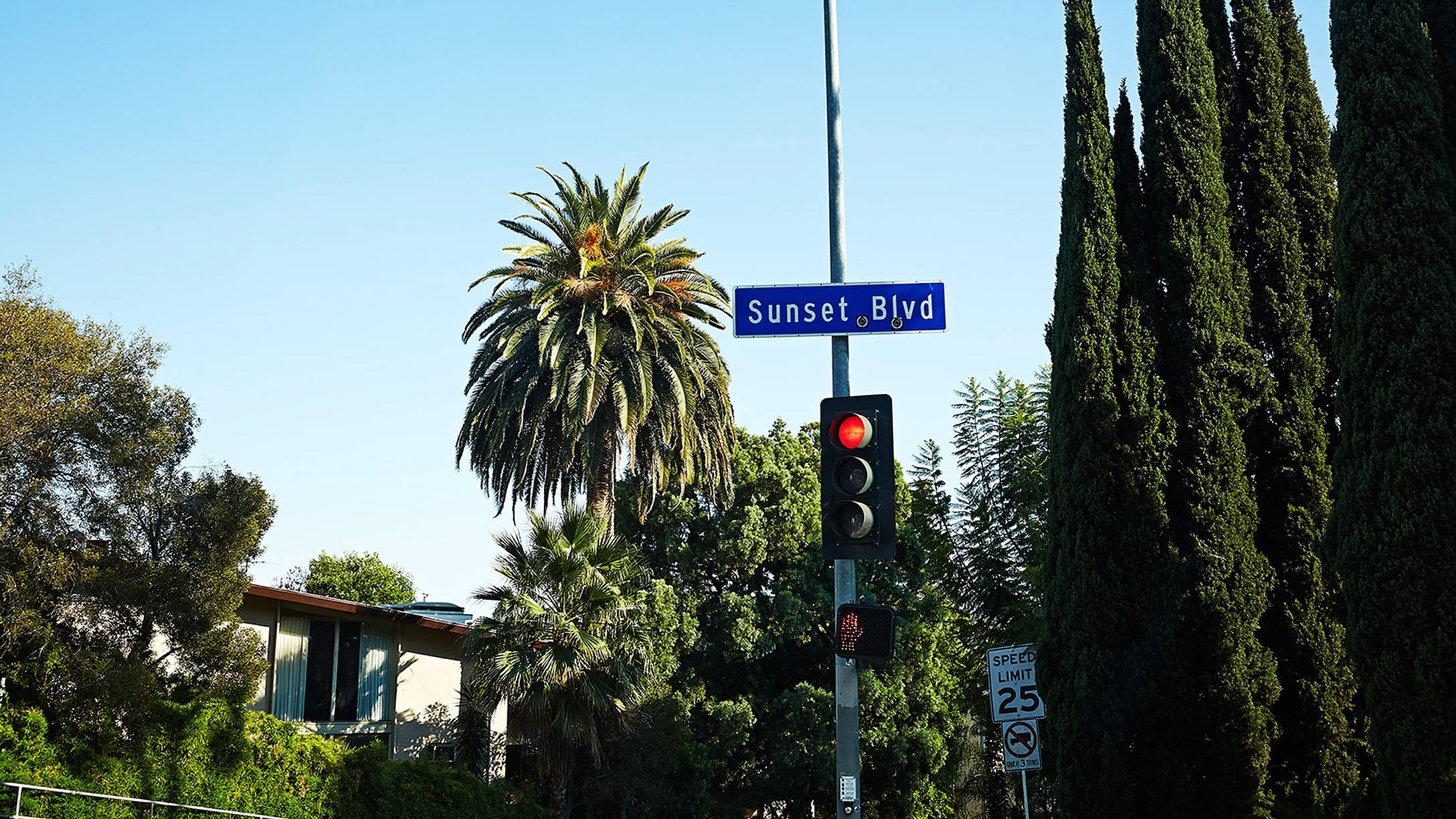 Sunset Boulevard, blue signage, red traffic light, Full HD Desktop Wallpaper