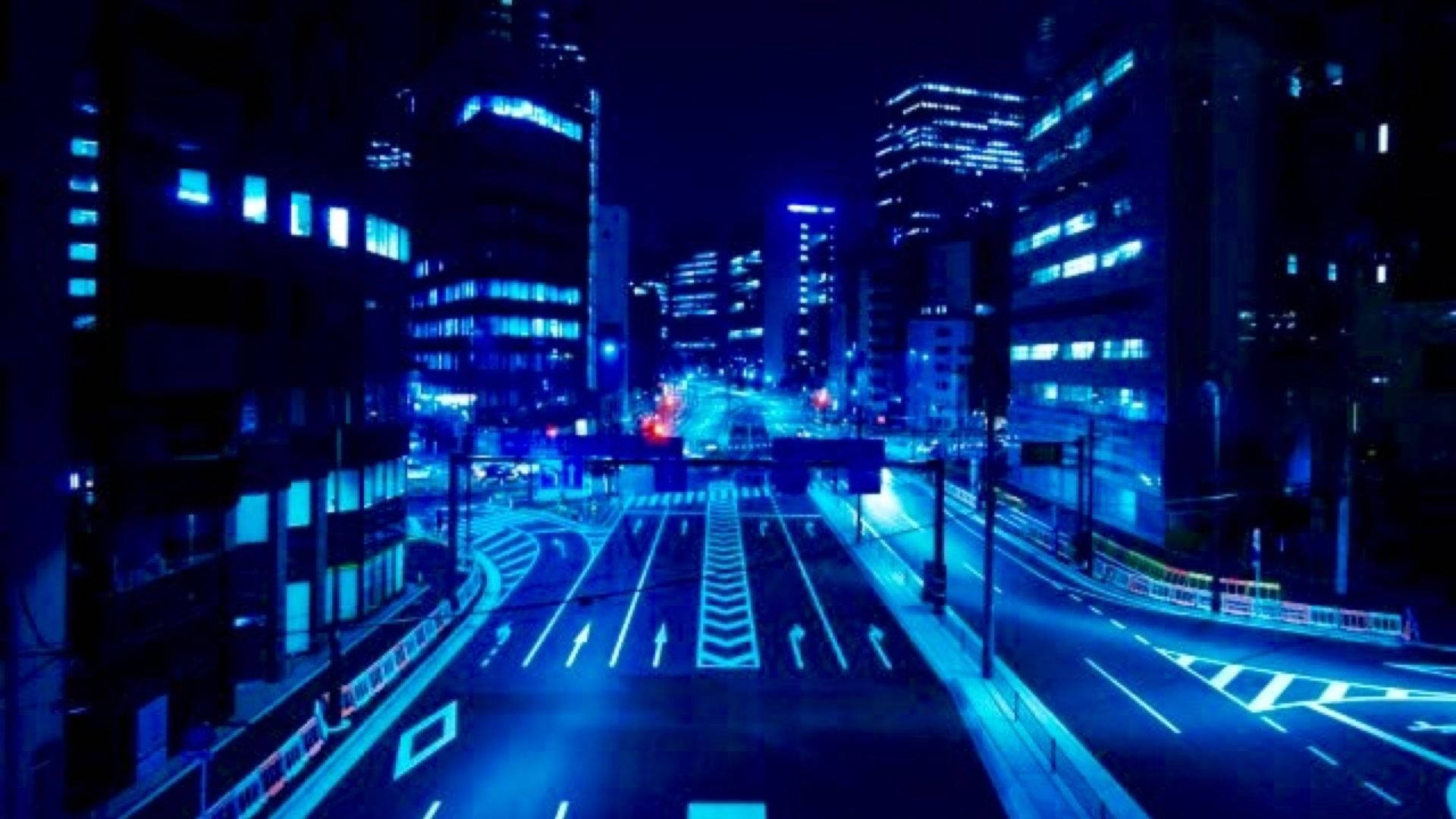 neon-blue, city street, night, Full HD Desktop Wallpaper
