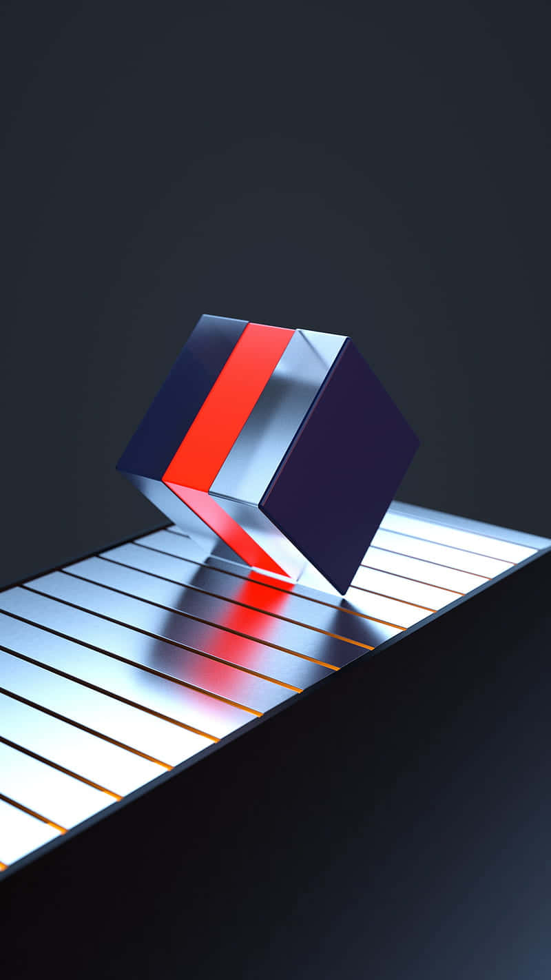 glossy geometric cube, red blue and silver stripes, reflective striped platform, HD Phone Wallpaper