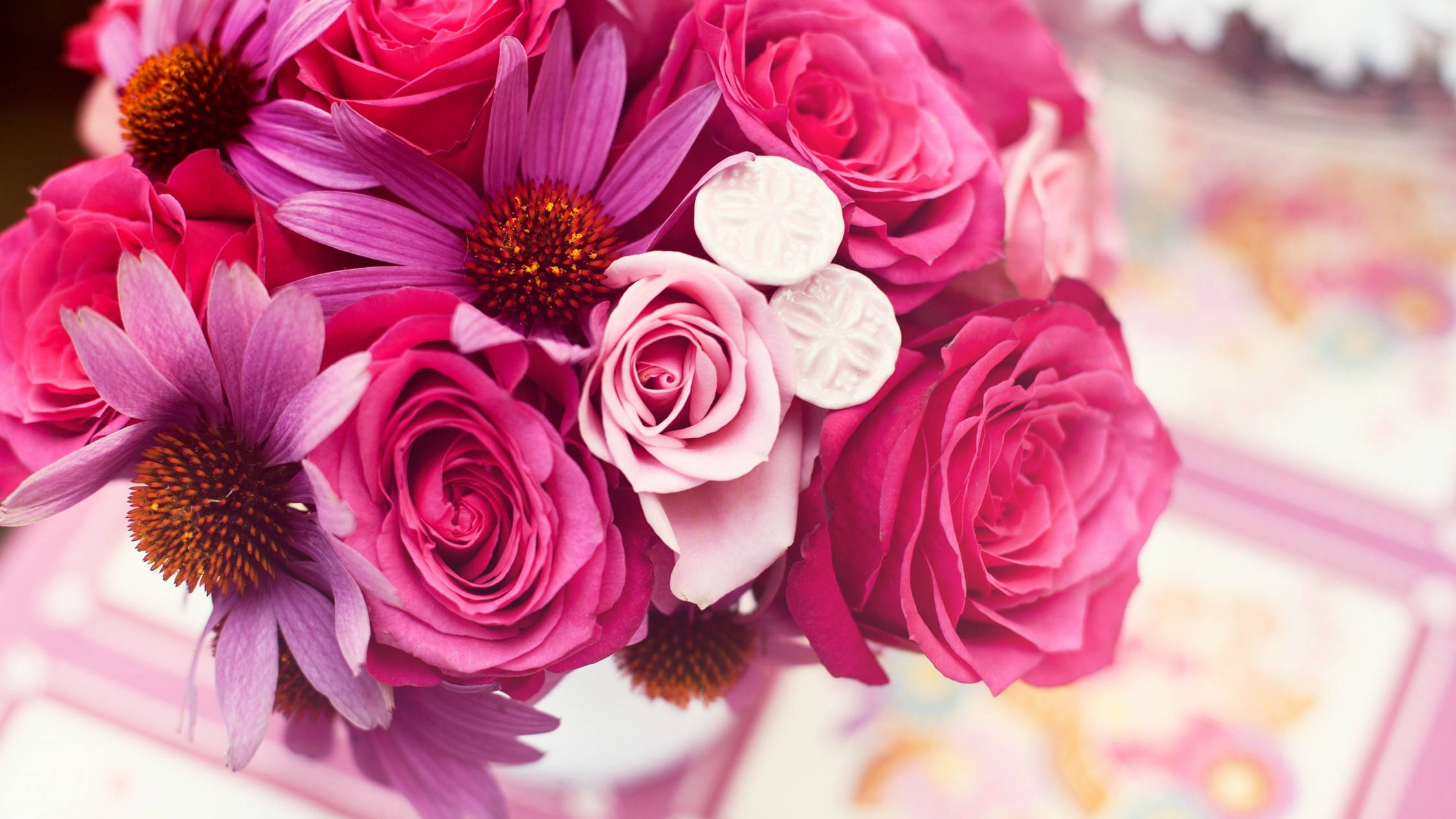 pink roses, purple coneflowers, white decorative buttons, Full HD Desktop Wallpaper