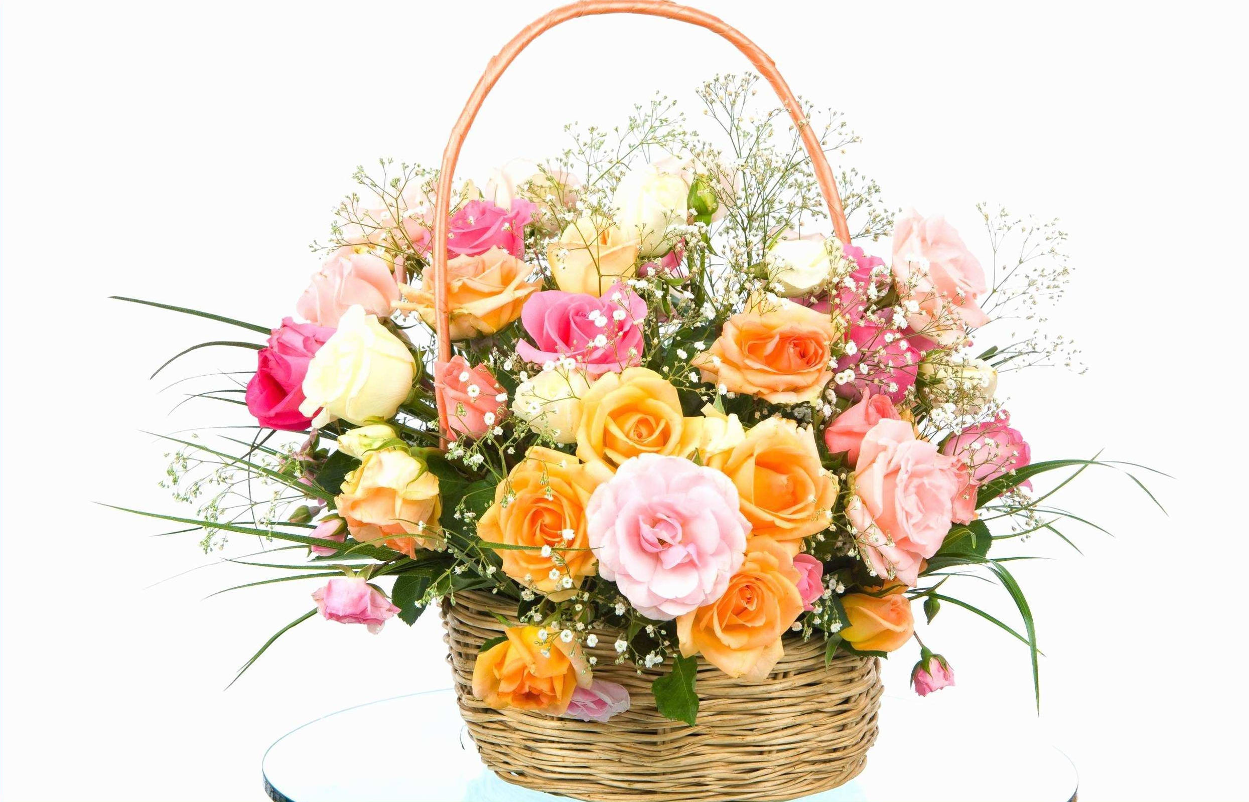 Bouquet Wicker Basket, pink orange and yellow roses, baby's breath, Full HD Desktop Wallpaper