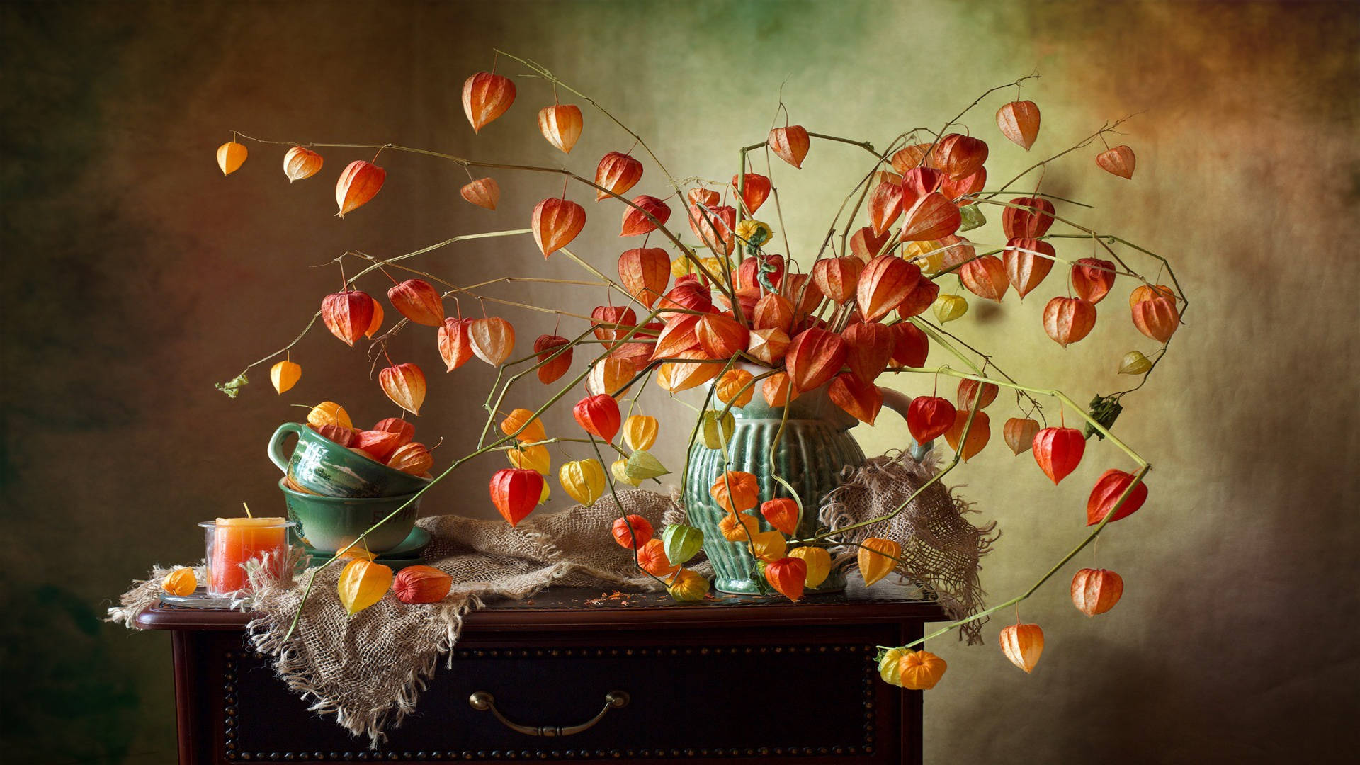 Chinese Lantern Plant, teal vase, wooden dresser, Full HD Desktop Wallpaper