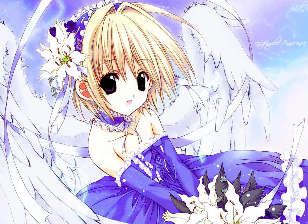 chibi anime angel, blonde hair, white wings, SD Desktop Wallpaper