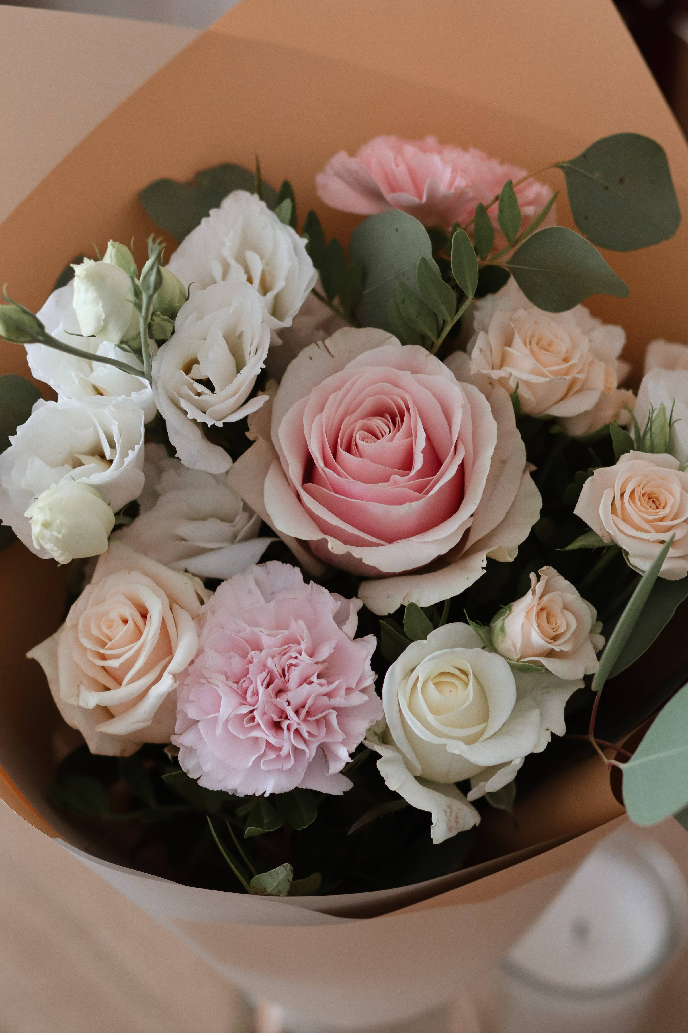 white hybrid tea chocolate roses, pink white and peach roses, carnations, 2K Phone Wallpaper