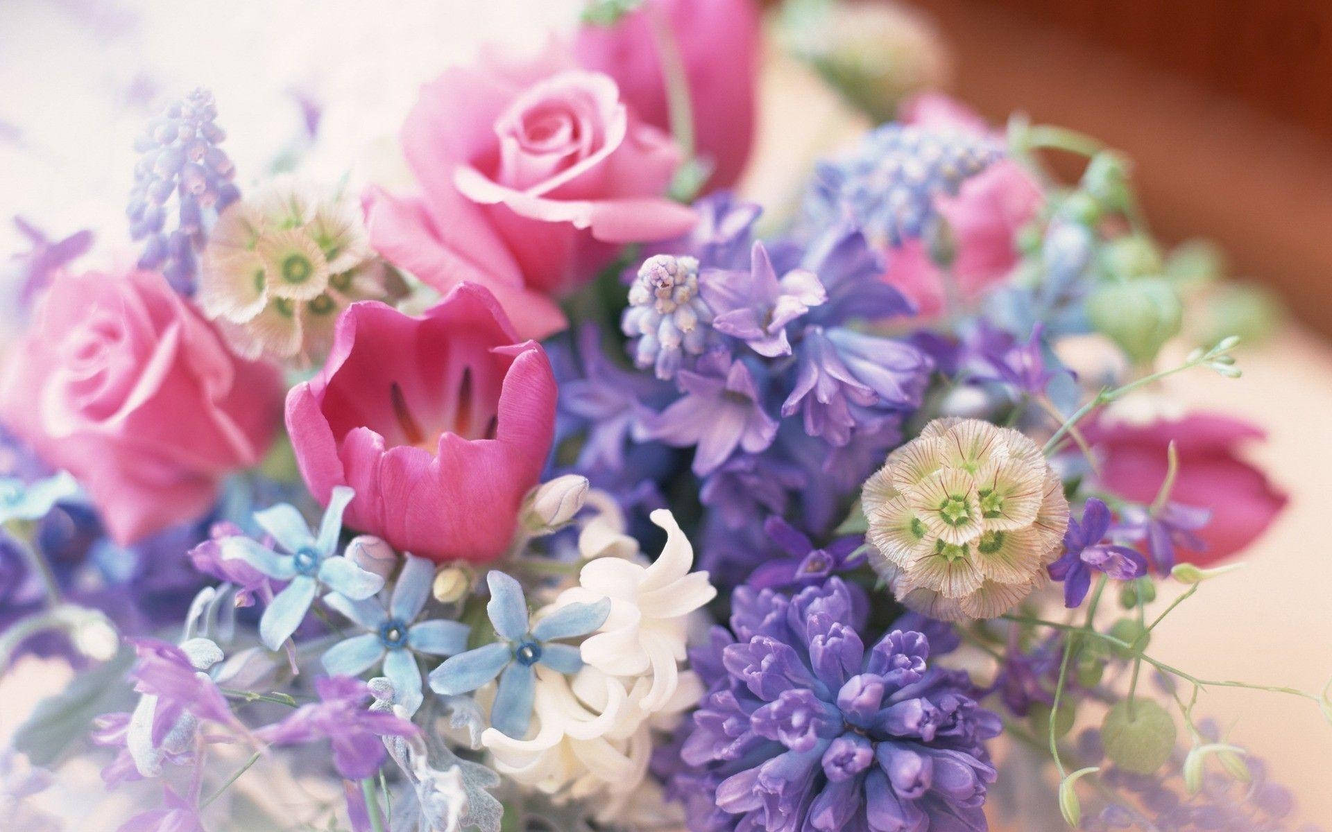 bouquet, pink roses, tulips, Full HD Desktop Wallpaper