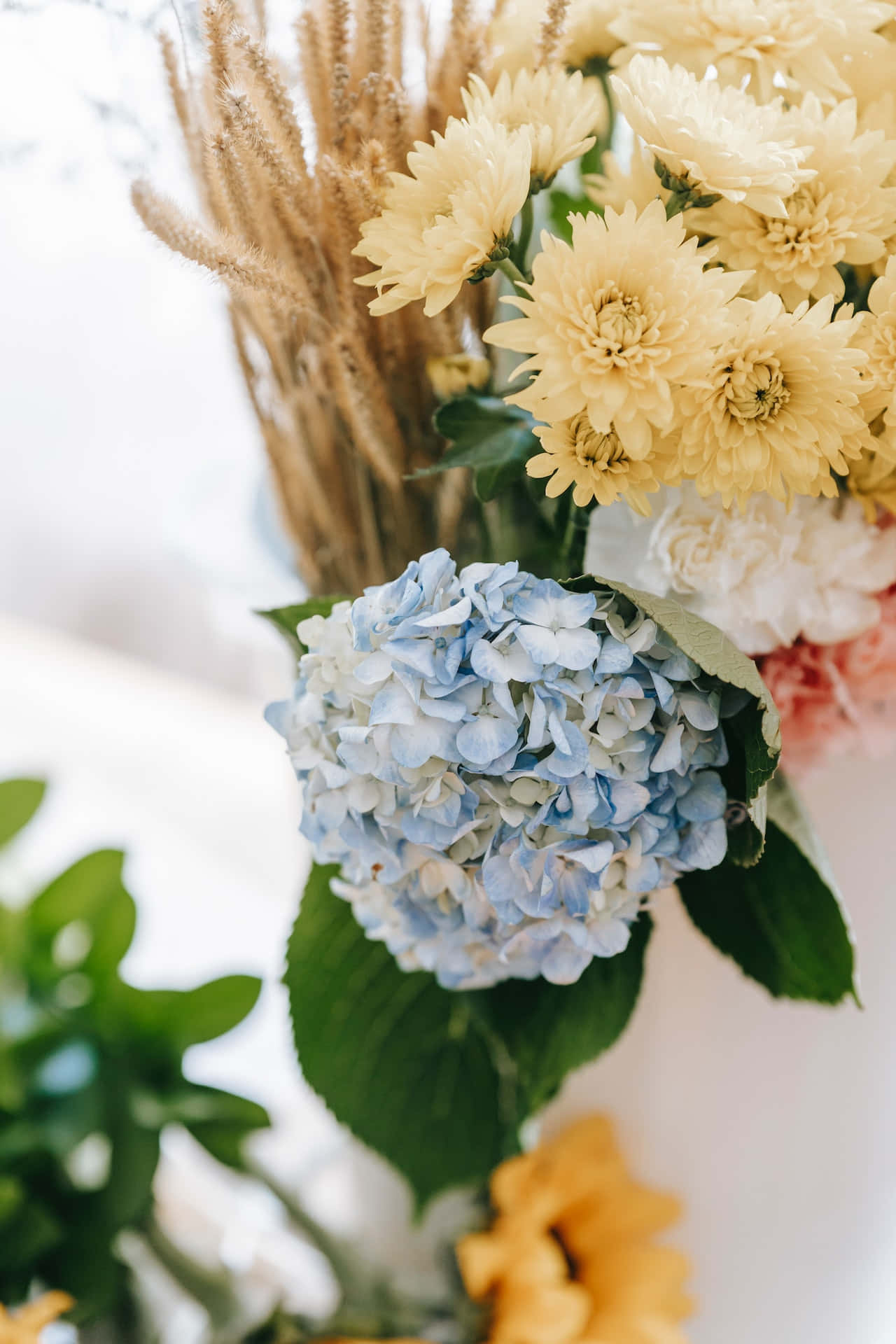 blue hydrangeas, yellow chrysanthemums, wheat stalks, Full HD Phone Wallpaper