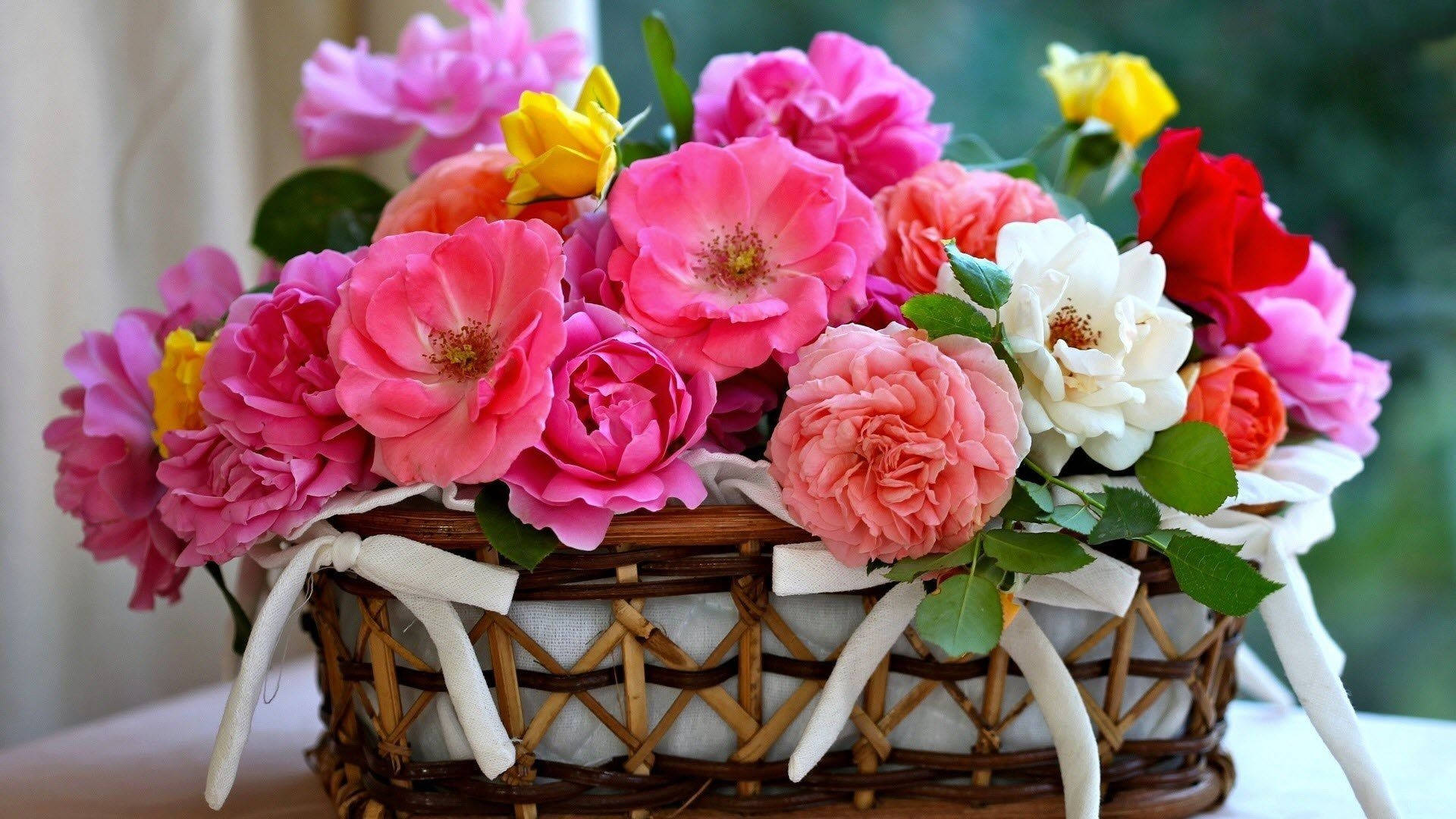 bouquet, basket, pink roses, Full HD Desktop Wallpaper