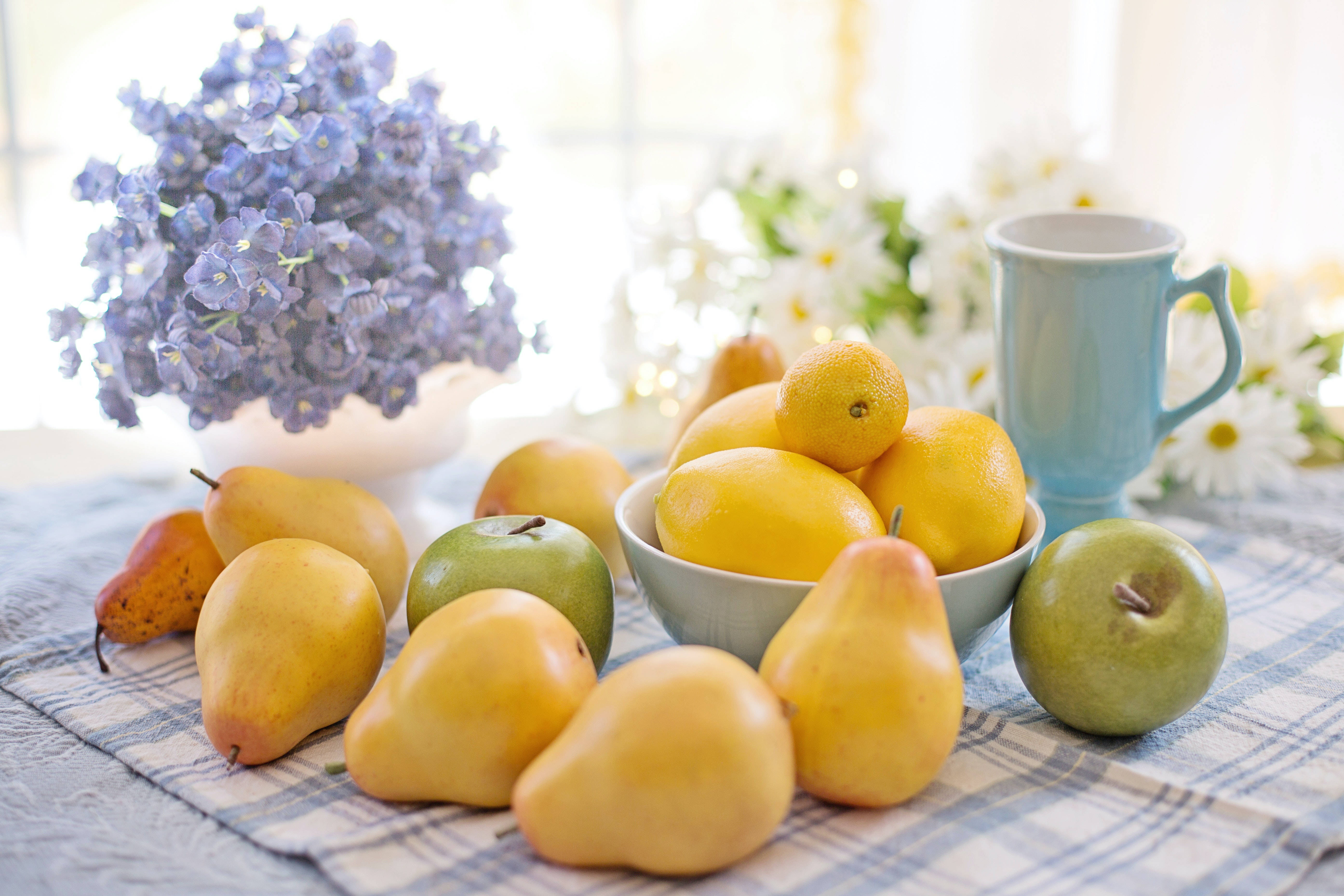 pear fruits, blue flower bouquet, checkered cloth, 5K Desktop Wallpaper
