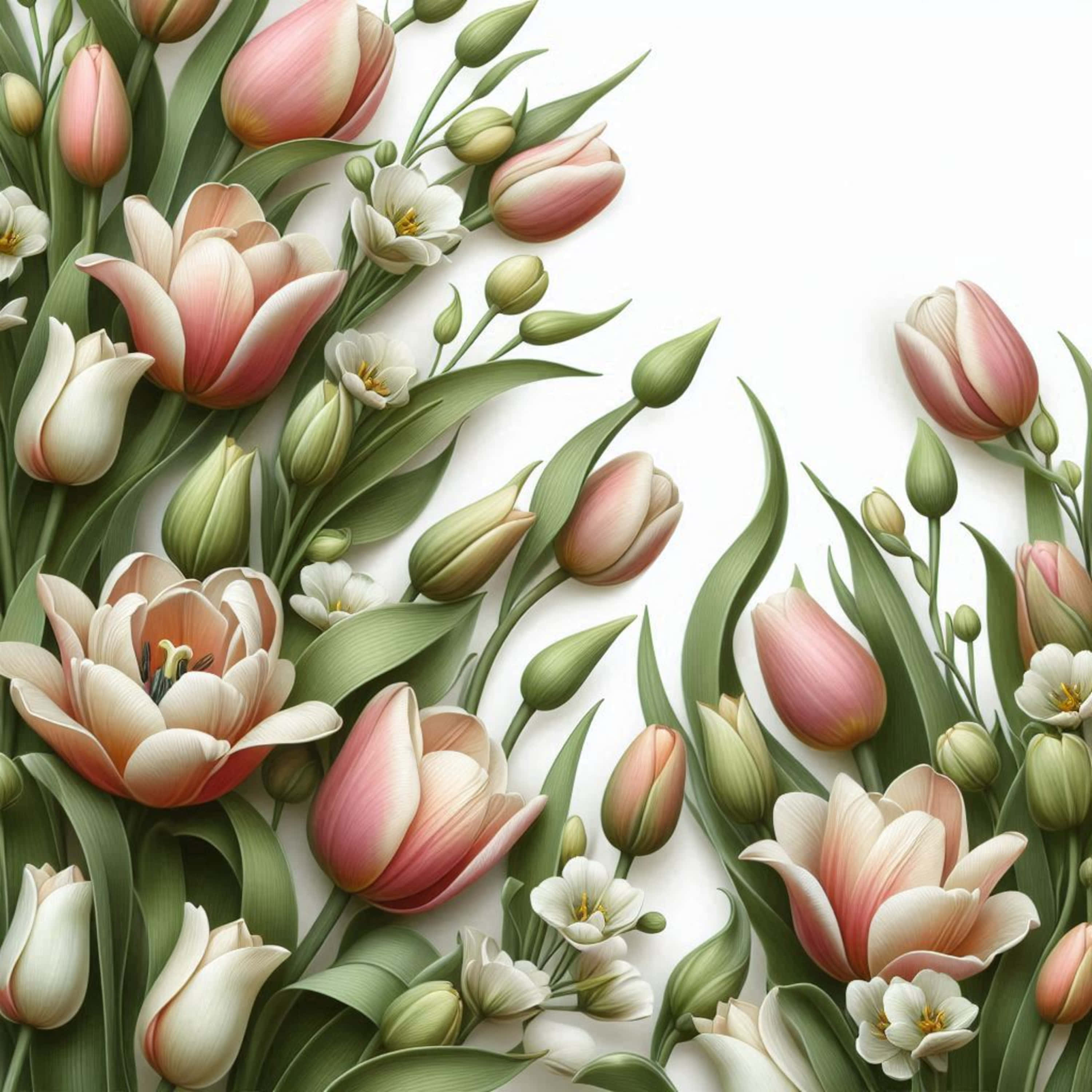 tulips, pink and white tulips, green stems, 2K Desktop Wallpaper