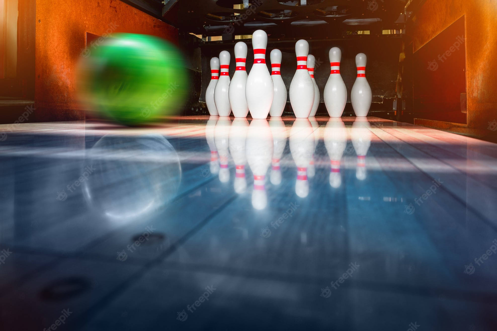 green bowling ball, white pins, glossy lane, Full HD Desktop Wallpaper