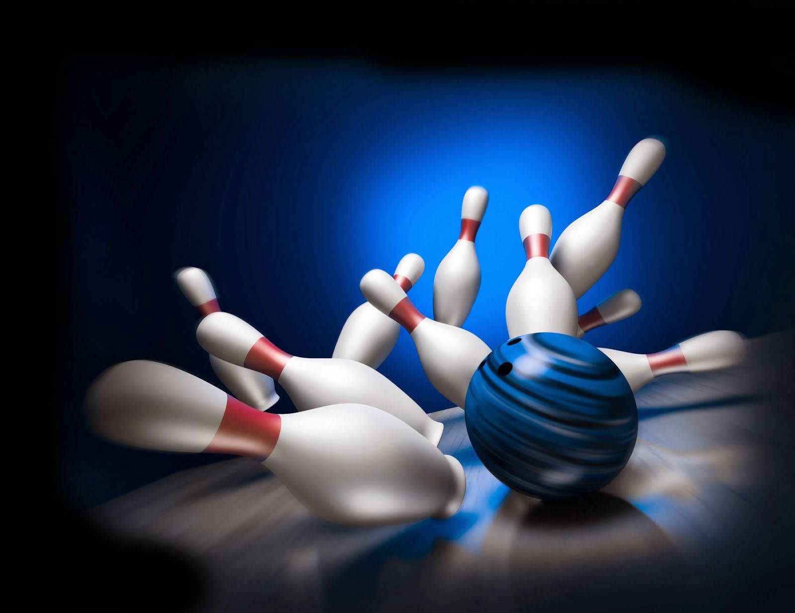 blue bowling ball, white and red pins, glowing blue backdrop, HD Desktop Wallpaper