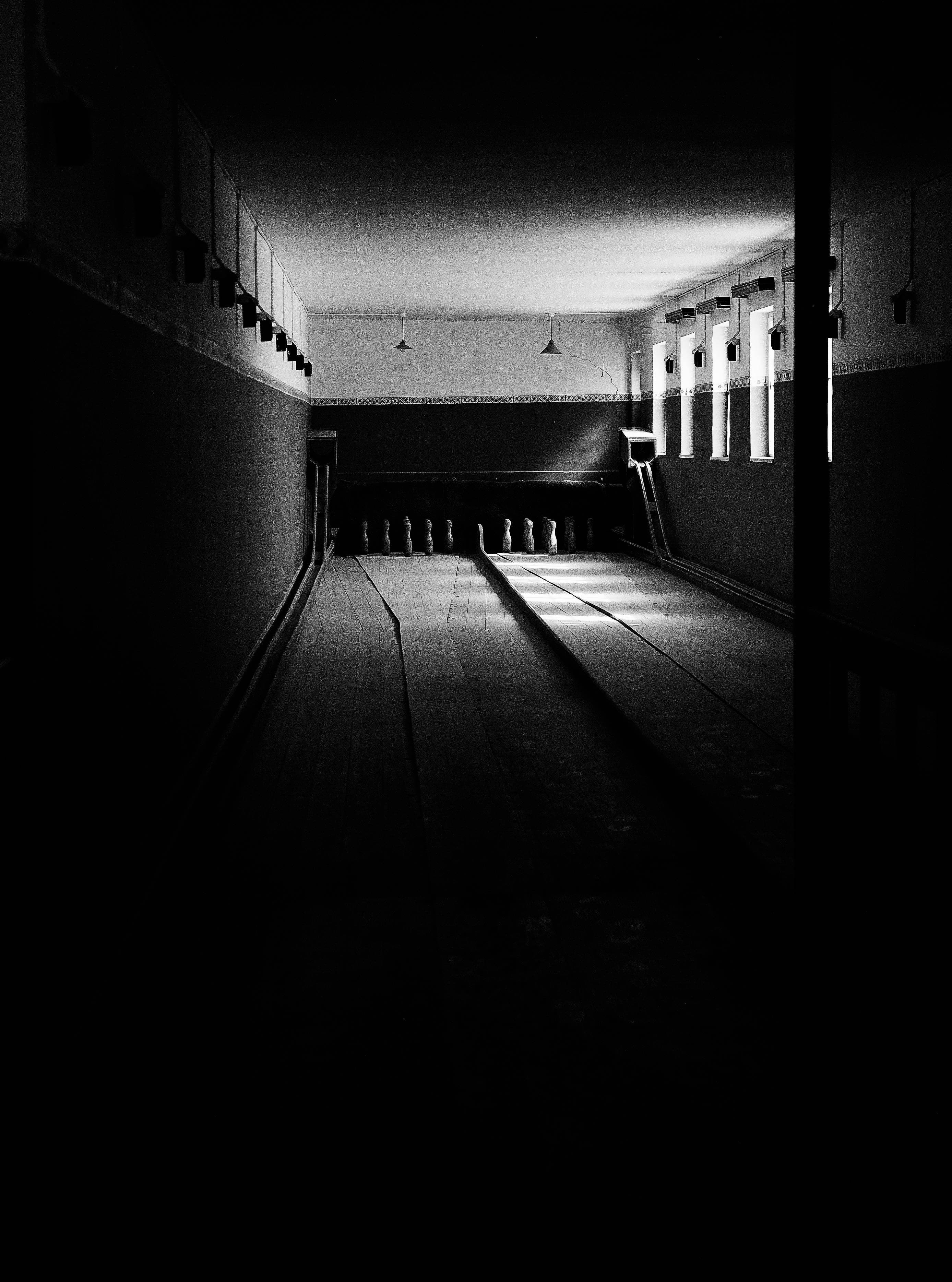 black and white, bowling alley, dramatic sunlight, 2K Phone Wallpaper