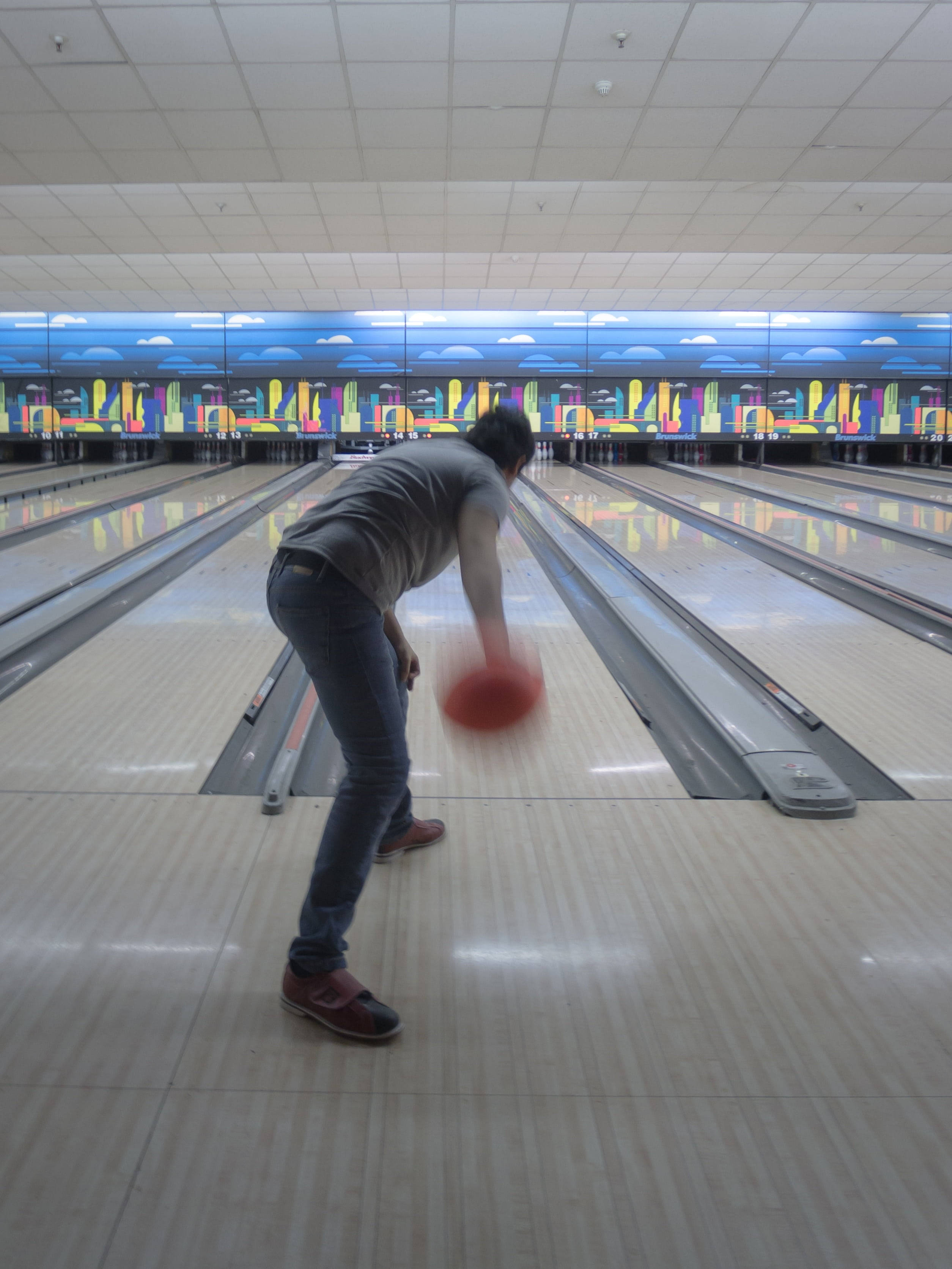 red bowling ball, polished lane, brightly lit alley, 2K Phone Wallpaper