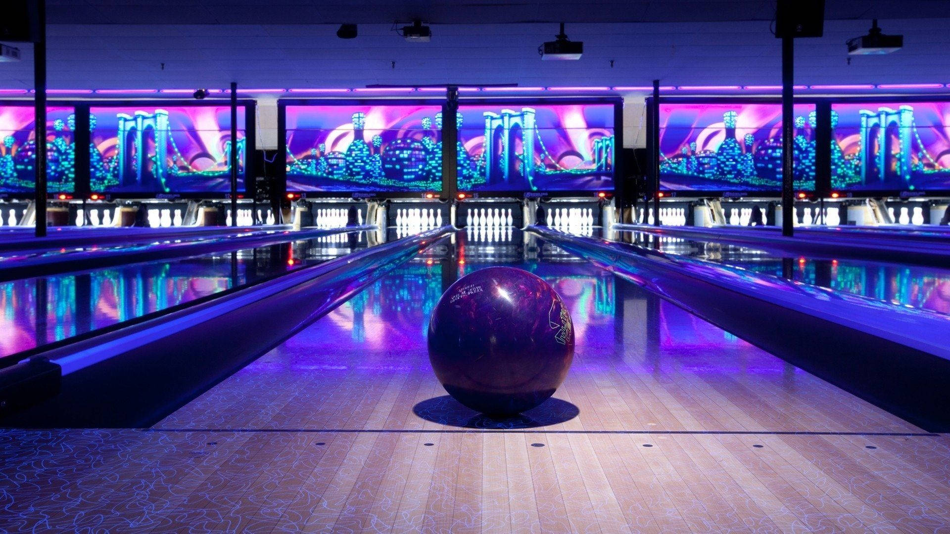 Cosmic Bowling Studio, glossy purple bowling ball, polished wood lanes, Full HD Desktop Wallpaper
