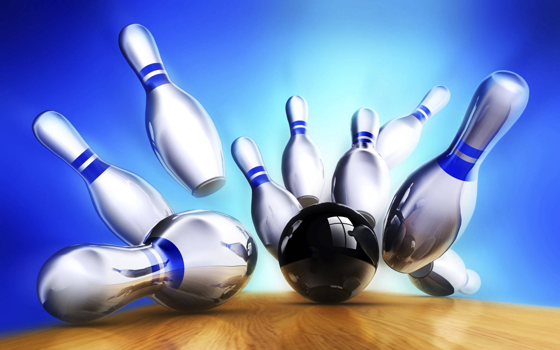 glossy black bowling ball, silver pins with blue stripes, wooden lane, Full HD Desktop Wallpaper