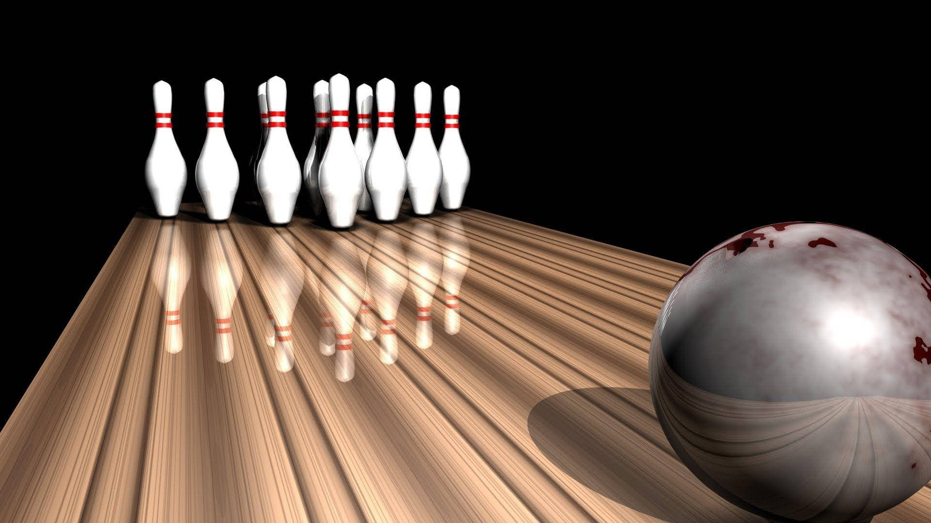 3D metallic bowling ball, red spots, wooden lane, Full HD Desktop Wallpaper