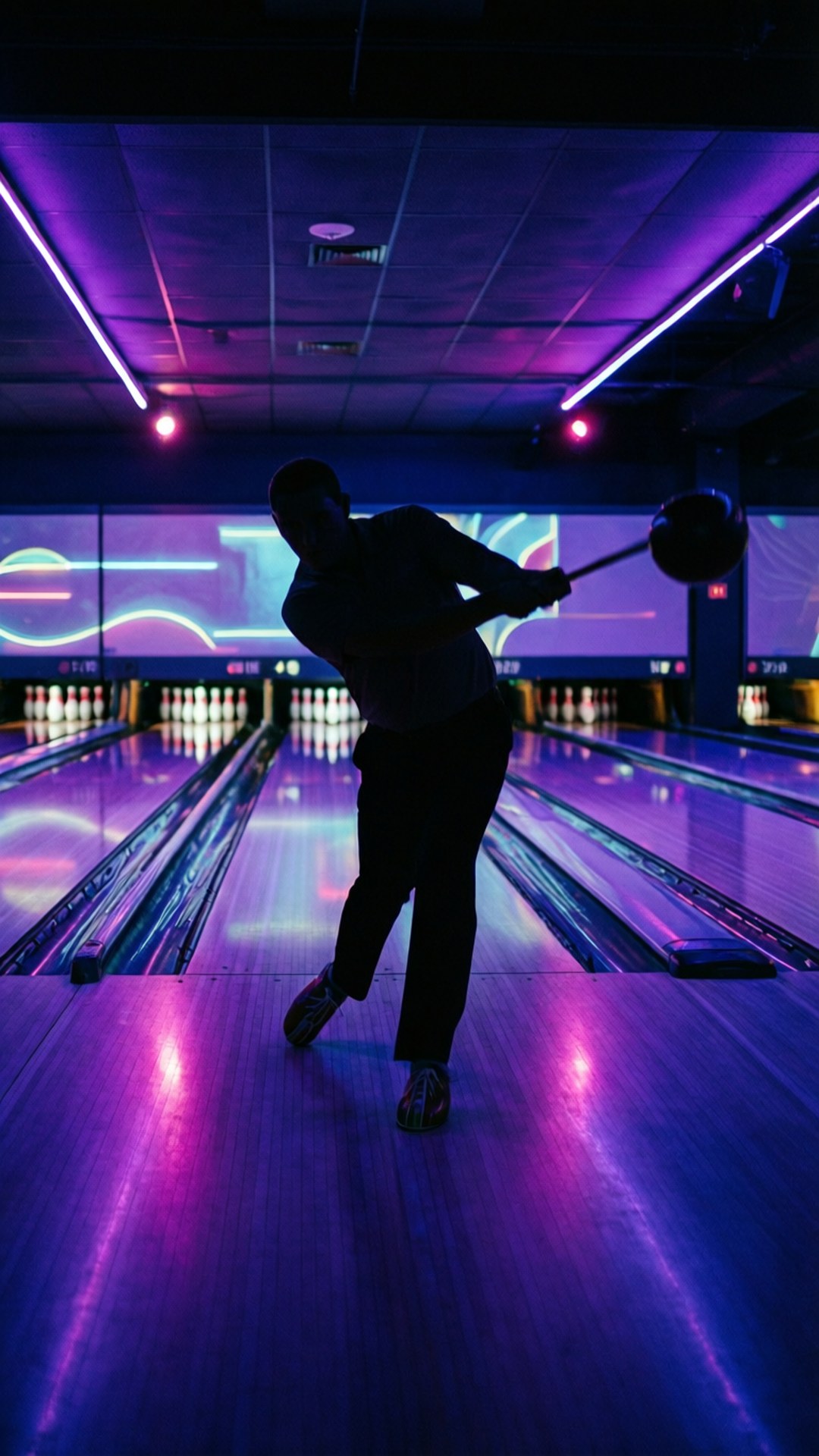 neon bowler silhouette, vibrant purple, blue neon lights, Full HD Phone Wallpaper