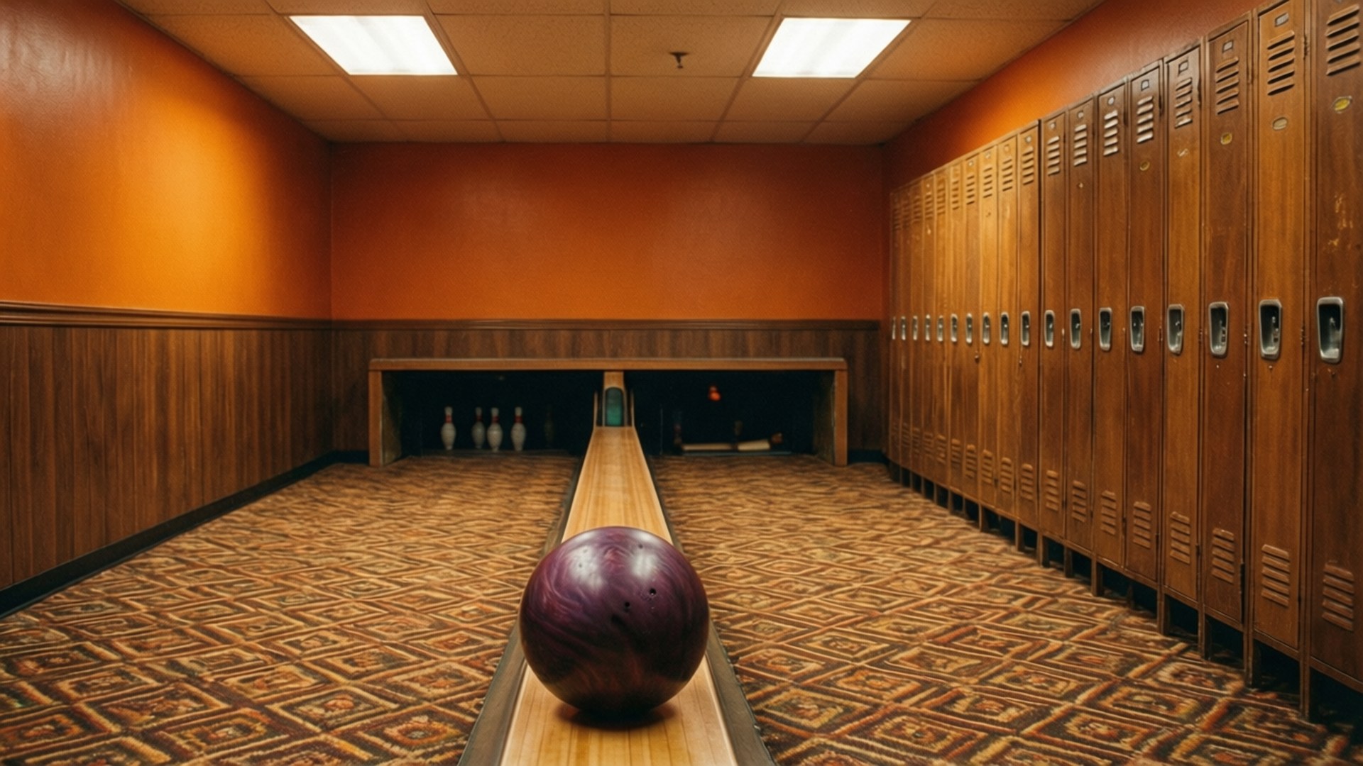 retro bowling alley, purple bowling ball, wooden lane, Full HD Desktop Wallpaper