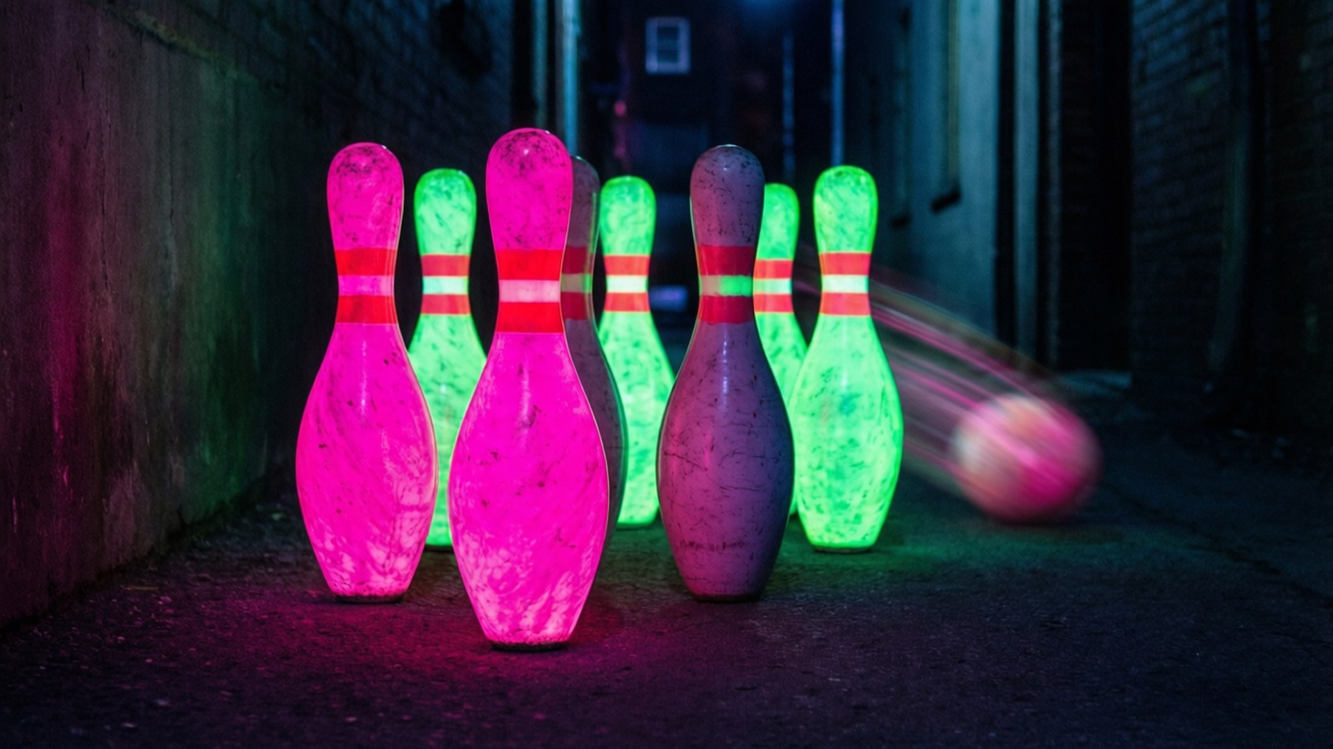 neon bowling pins, pink green and purple, dark alley, Full HD Desktop Wallpaper