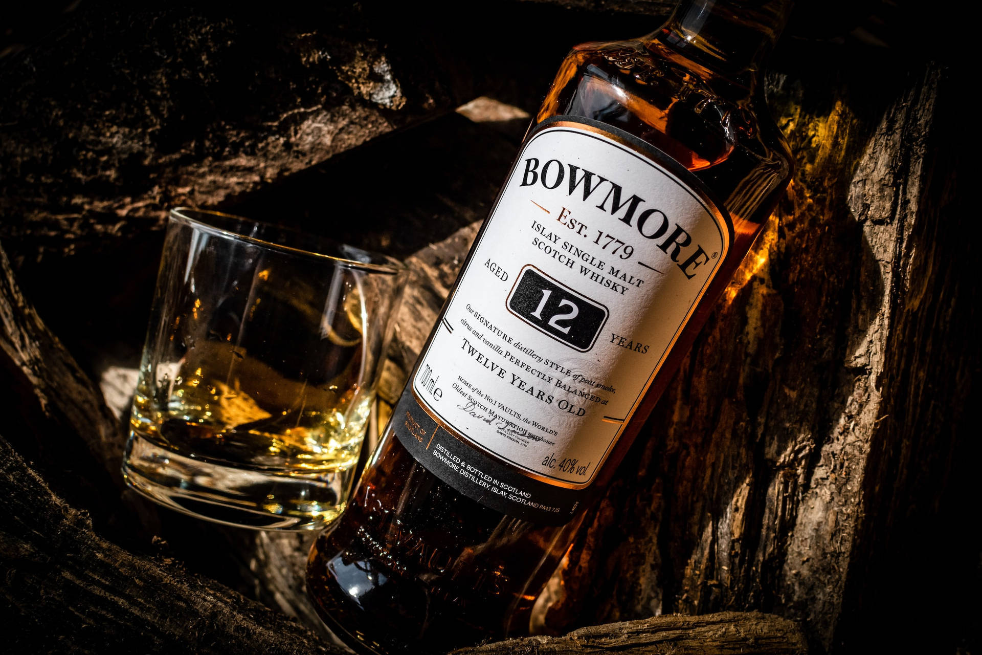 Bowmore, 12-year-old whisky, dark wooden barrel, Full HD Desktop Wallpaper