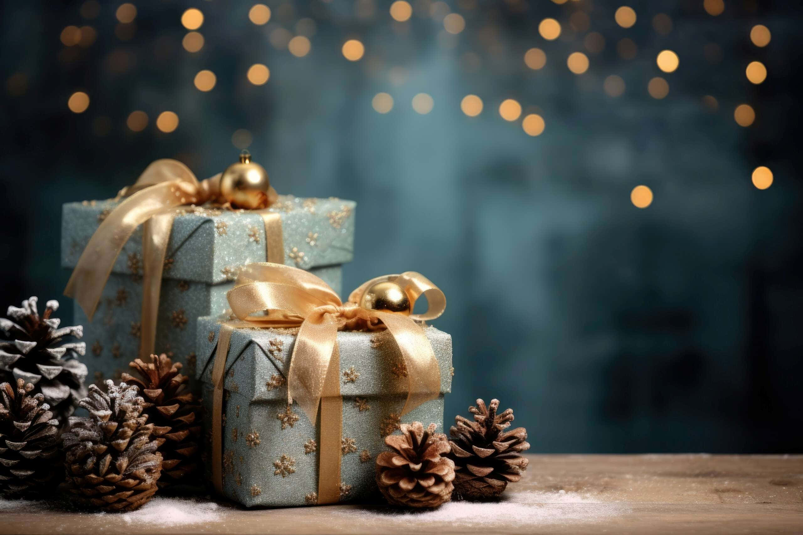 glittery blue gift boxes, gold ribbons, pinecones, 2K Desktop Wallpaper