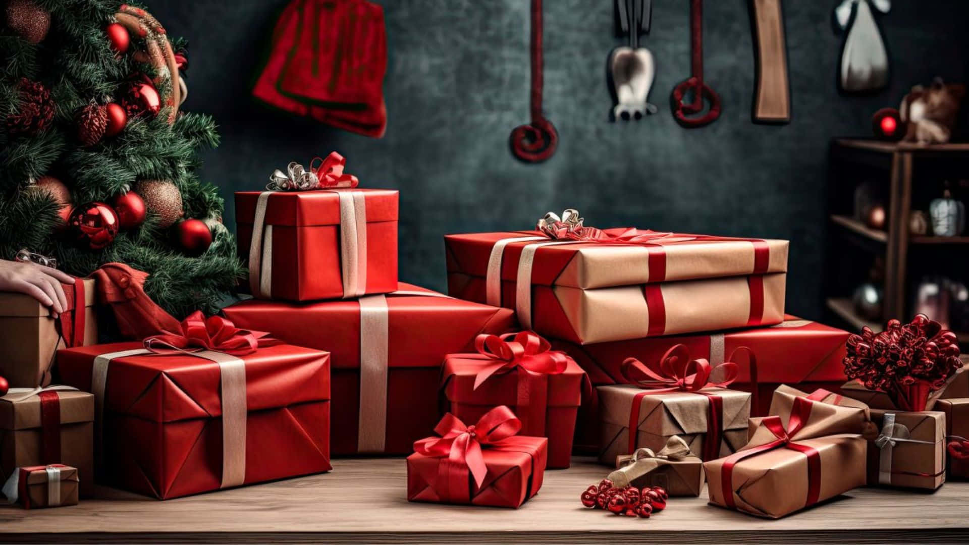 Boxing Day, red and gold wrapped gifts, decorated Christmas tree, Full HD Desktop Wallpaper