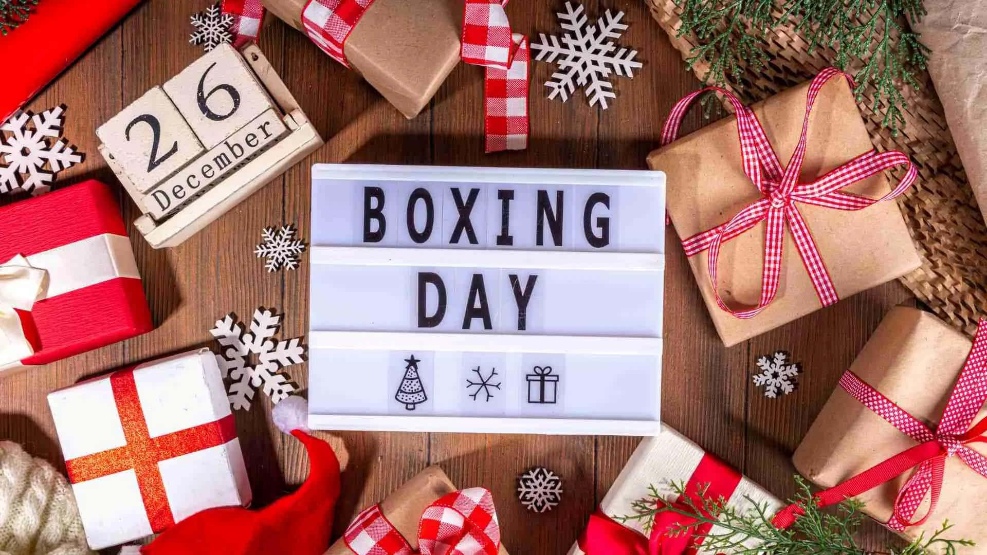 BOXING DAY, wrapped gifts, snowflakes, Full HD Desktop Wallpaper