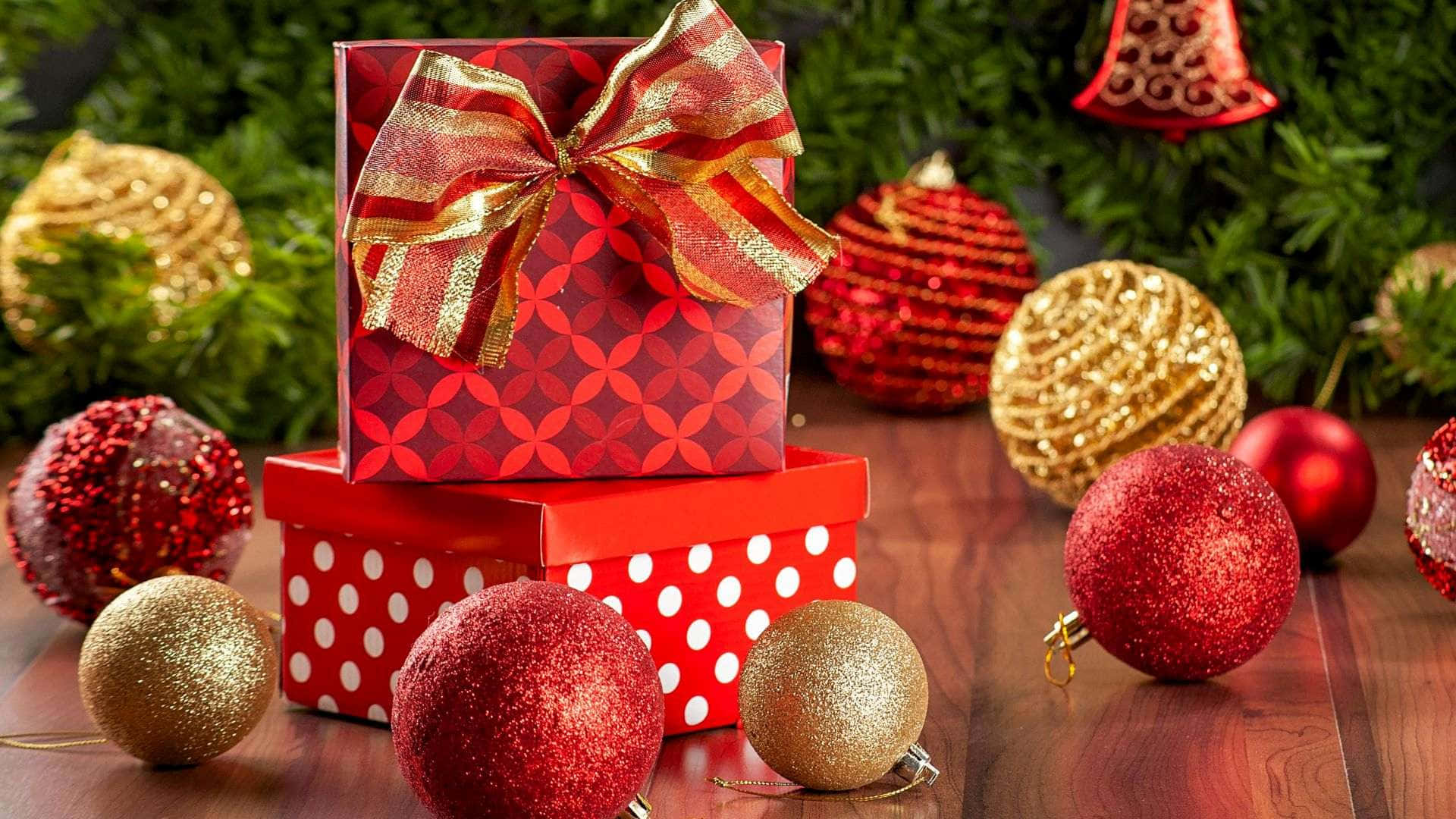 Boxing Day, red gift box, gold bow, Full HD Desktop Wallpaper