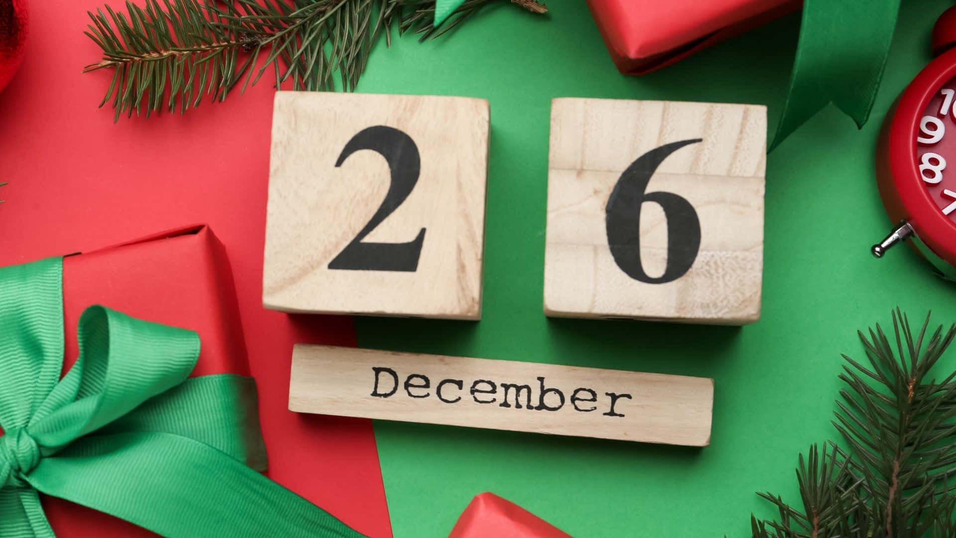 December 26, red gifts, green bows, Full HD Desktop Wallpaper