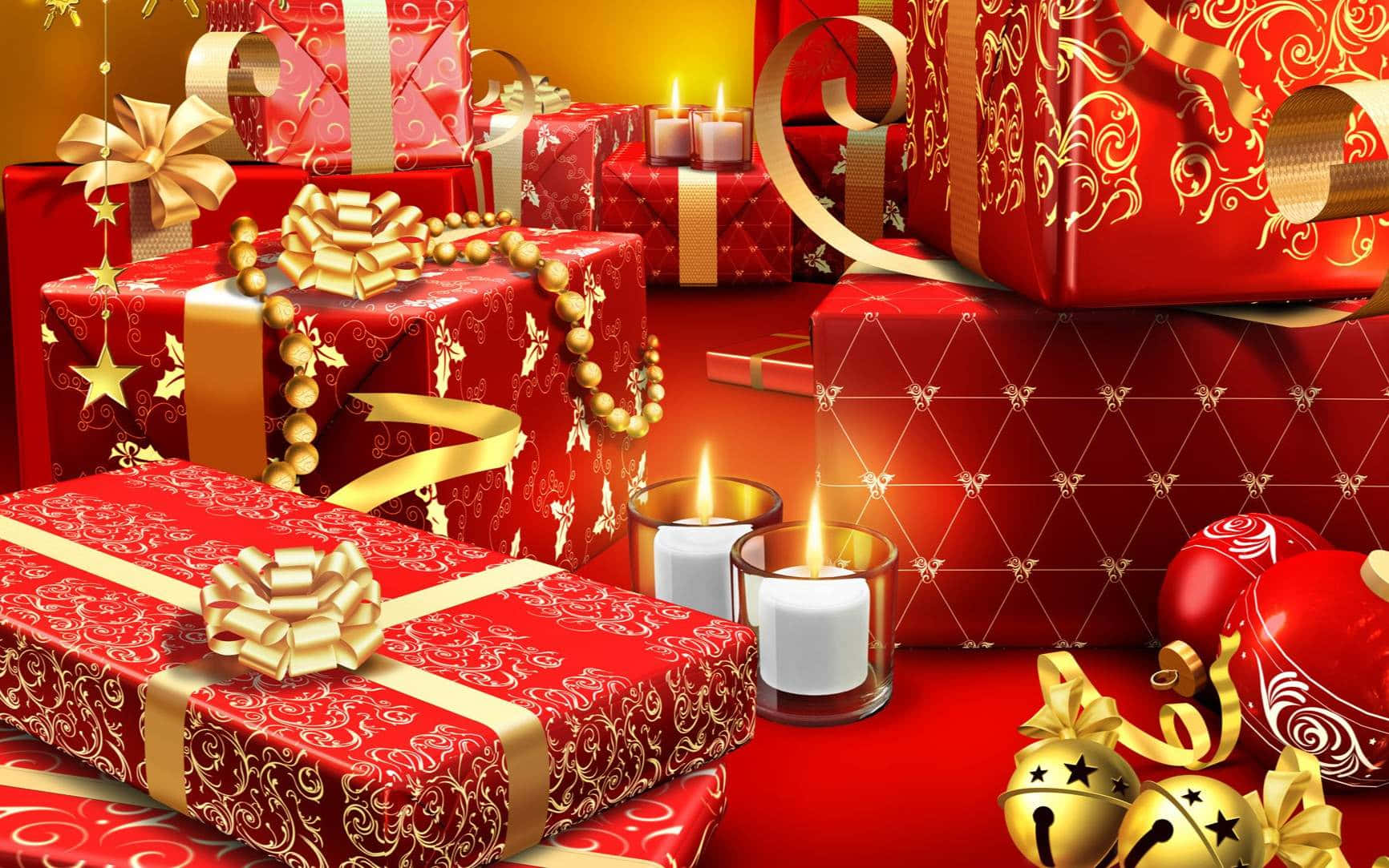 red gift boxes, gold bows, ornaments, HD Desktop Wallpaper