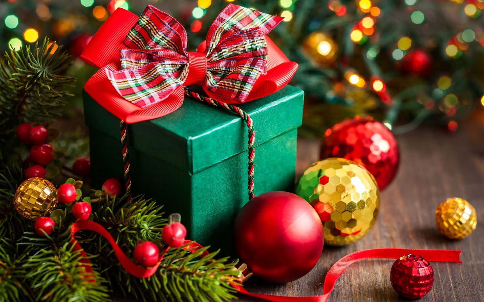 green gift box, red plaid bow, shiny red and gold ornaments, HD Desktop Wallpaper