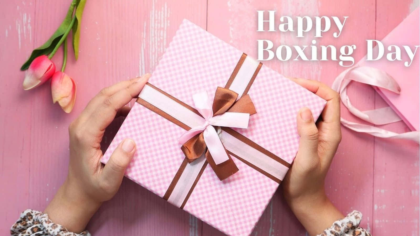 pink gingham gift box, pink and brown ribbon, pink wooden background, HD Desktop Wallpaper