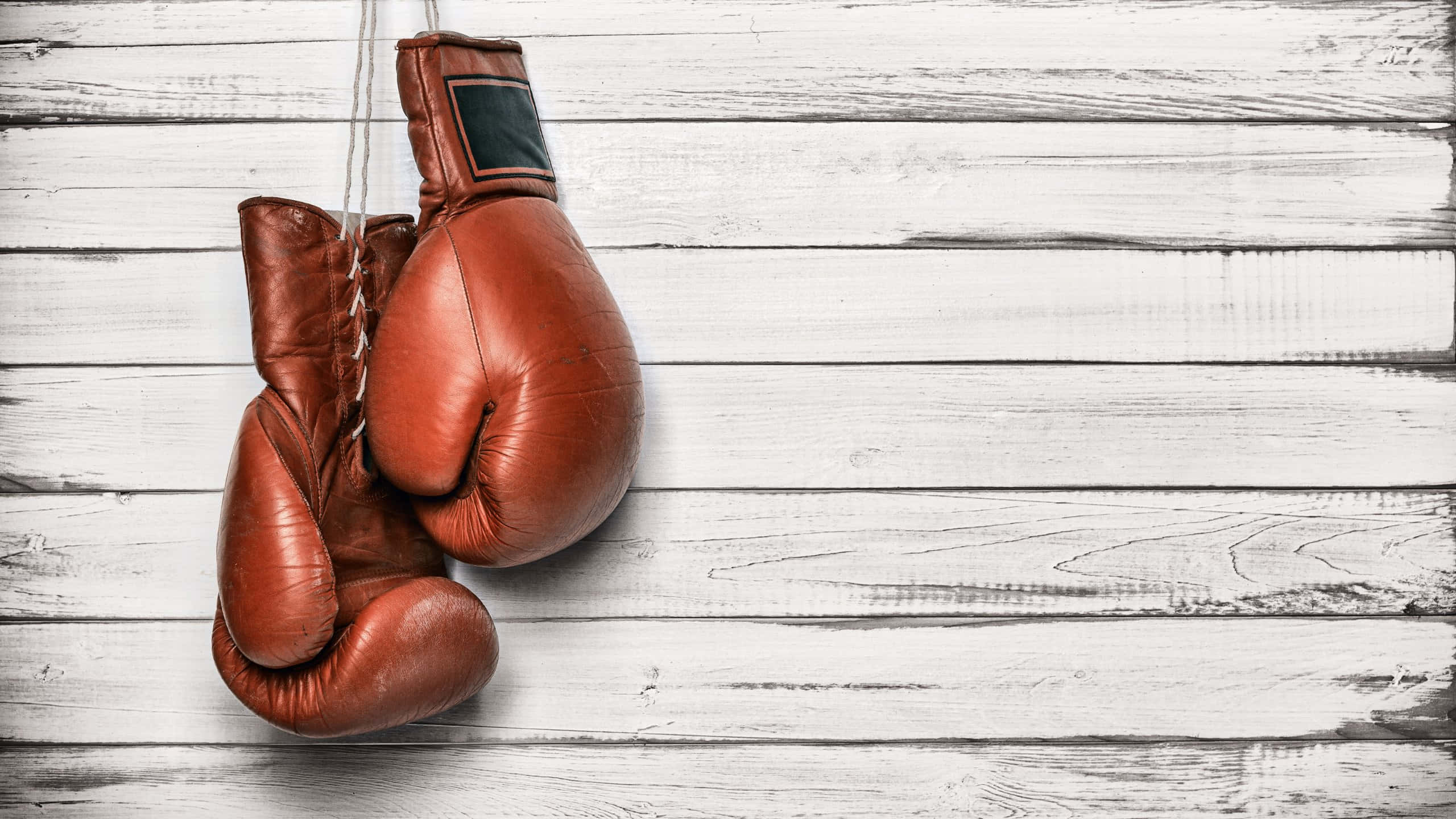 vintage boxing gloves, brown leather, wooden plank wall, 2K Desktop Wallpaper