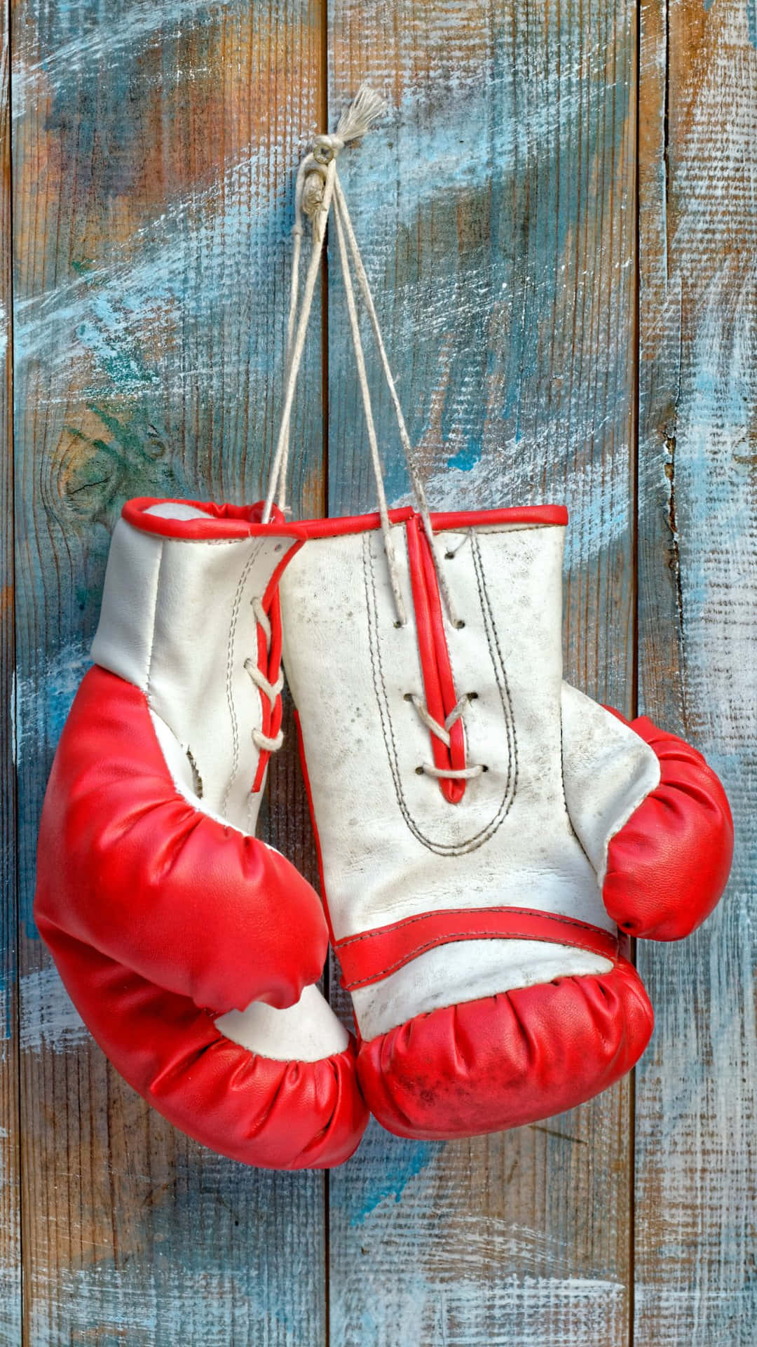 vintage boxing gloves, red and white, weathered blue and brown wooden wall, Full HD Phone Wallpaper