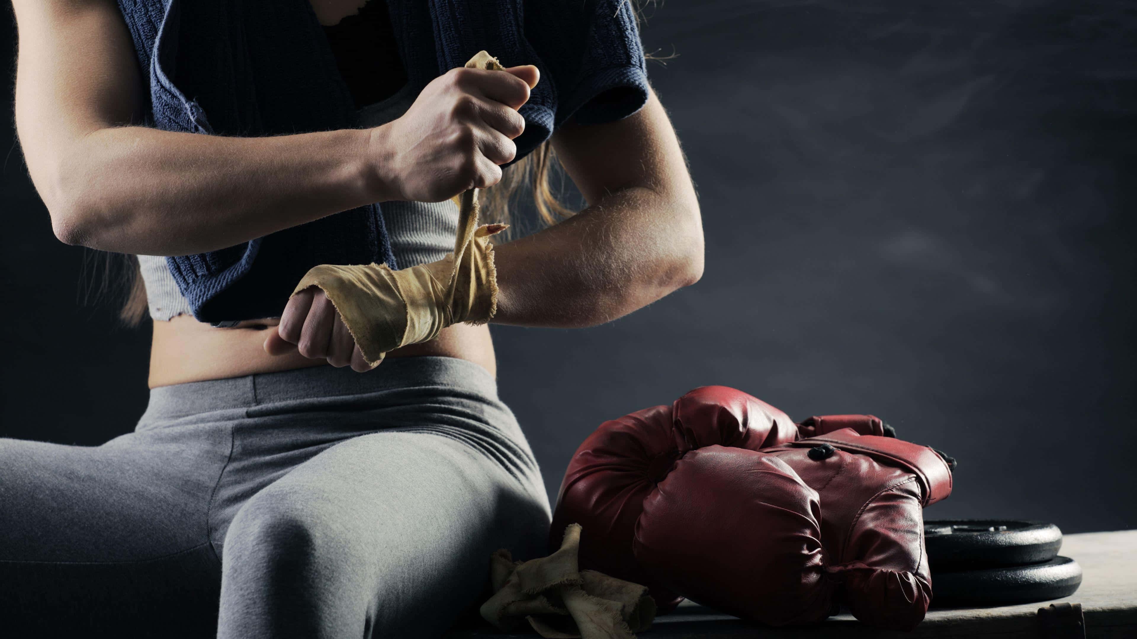 beige tape, red boxing gloves, bench, 4K Desktop Wallpaper