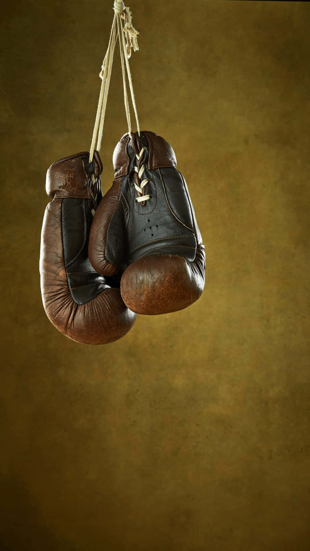 vintage boxing gloves, brown leather, frayed laces, Full HD Phone Wallpaper