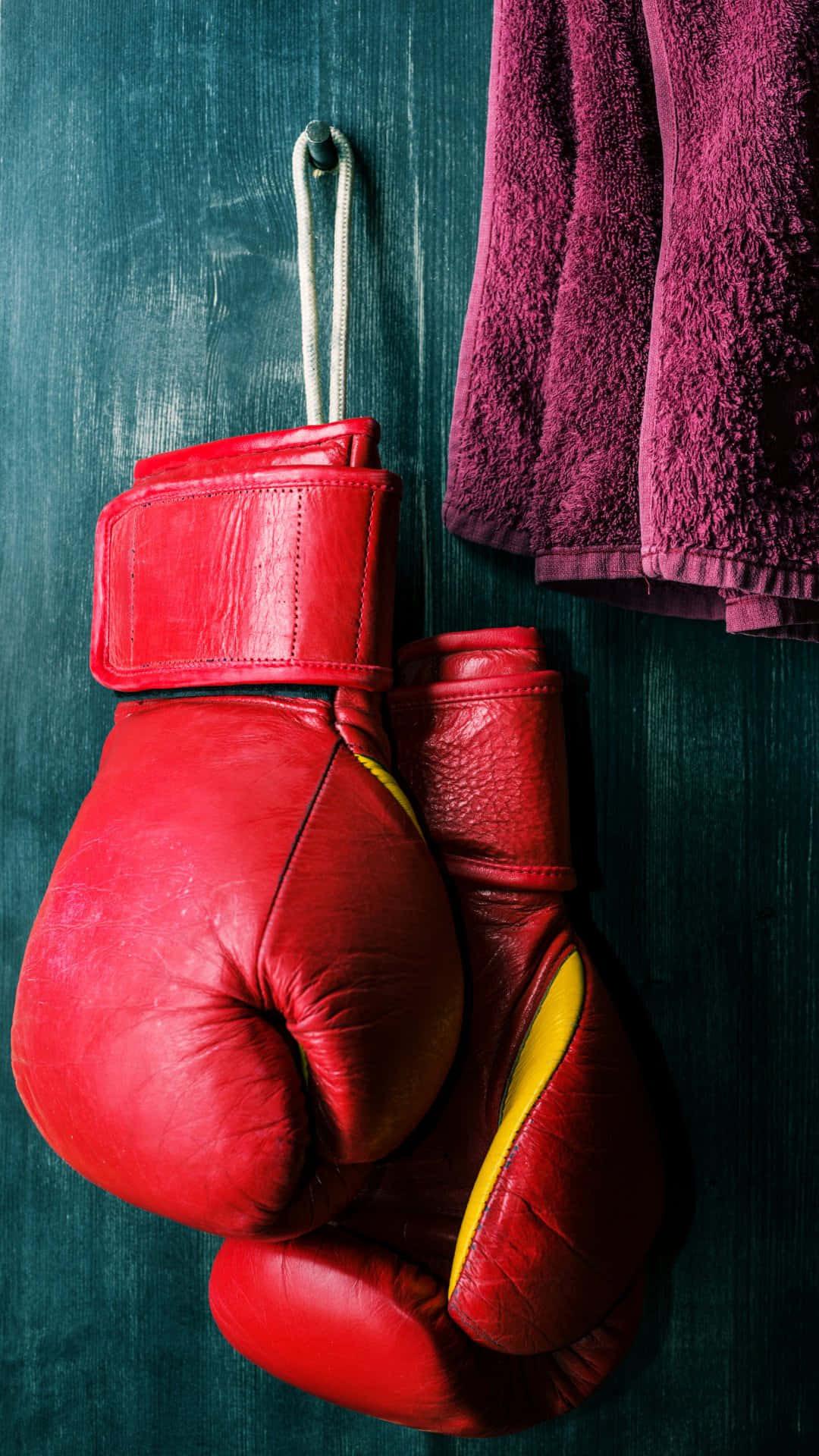 red leather boxing gloves, maroon towel, dark teal wooden wall, Full HD Phone Wallpaper
