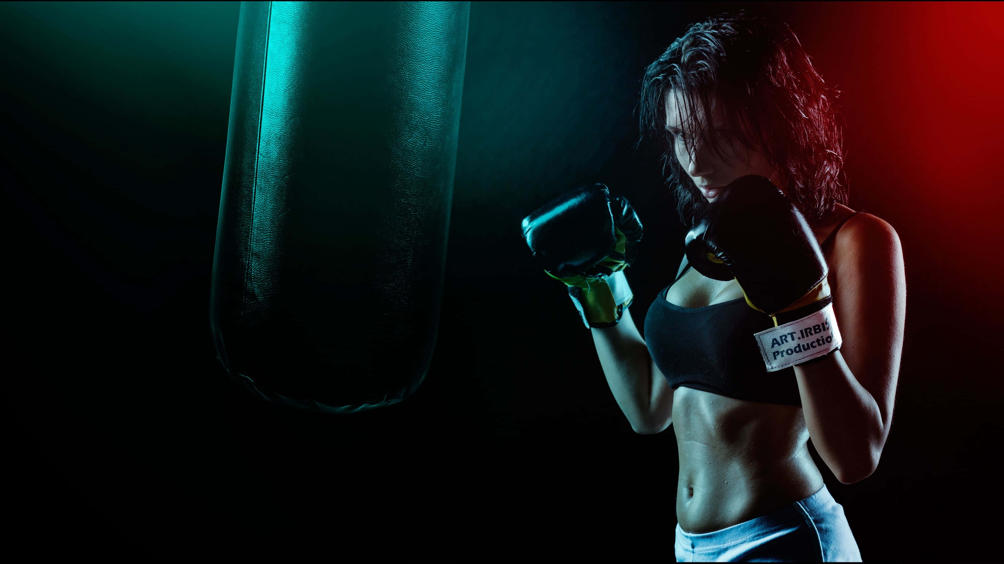 female boxer, black gloves, sports bra, 4K Desktop Wallpaper